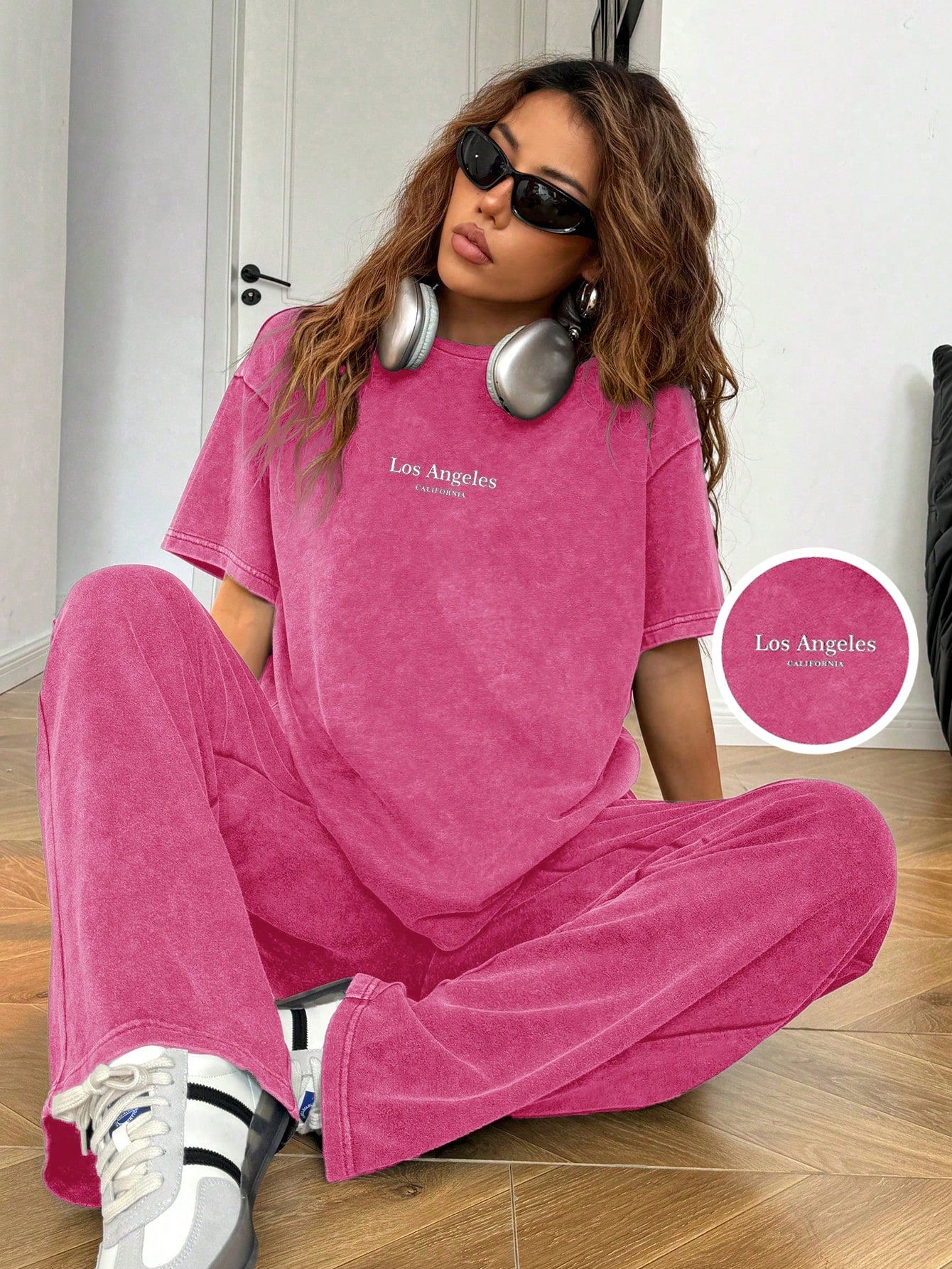 SHEIN EZwear Ensemble 2 pièces Top à manches courtes et pantalon gris vintage lavé avec broderie de lettres, tenue décontractée pour femmes