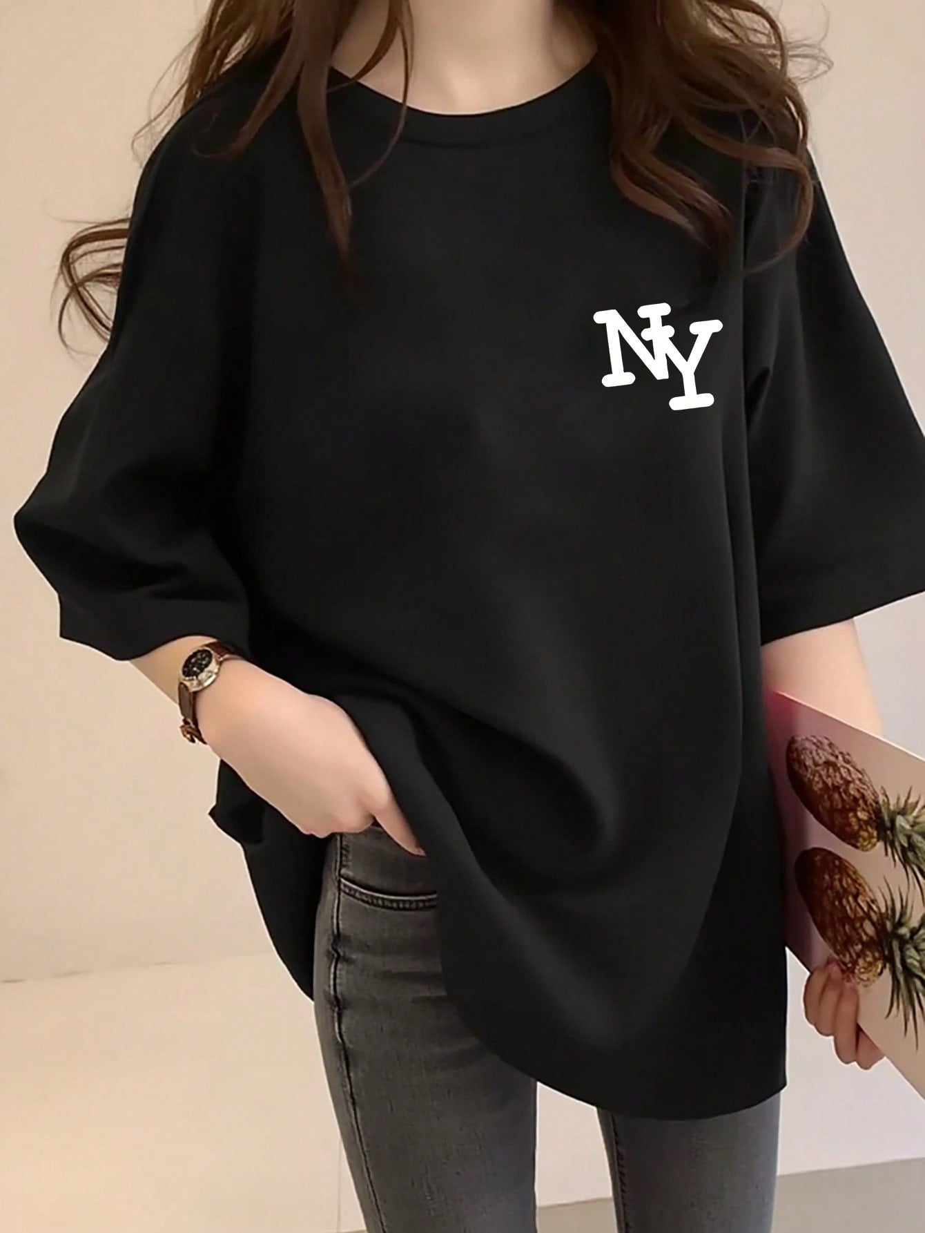 T-shirt ample à col rond et manches courtes avec imprimé lettre NY pour femmes, top d'été décontracté, design élégant et confortable, convient pour le port quotidien, t-shirt New York oversize, style vintage