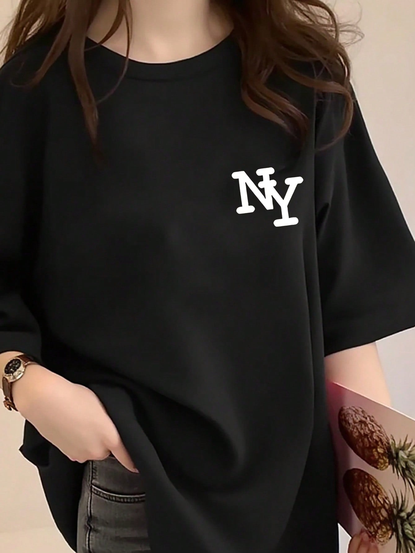 T-shirt ample à col rond et manches courtes avec imprimé lettre NY pour femmes, top d'été décontracté, design élégant et confortable, convient pour le port quotidien, t-shirt New York oversize, style vintage