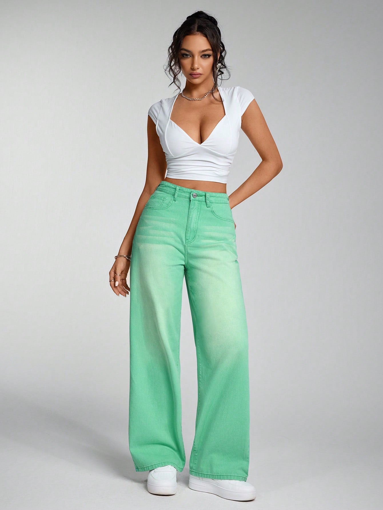 SHEIN x Lina SHEIN ICON Jeans droits taille mi-haute lavés décontractés de style rétro