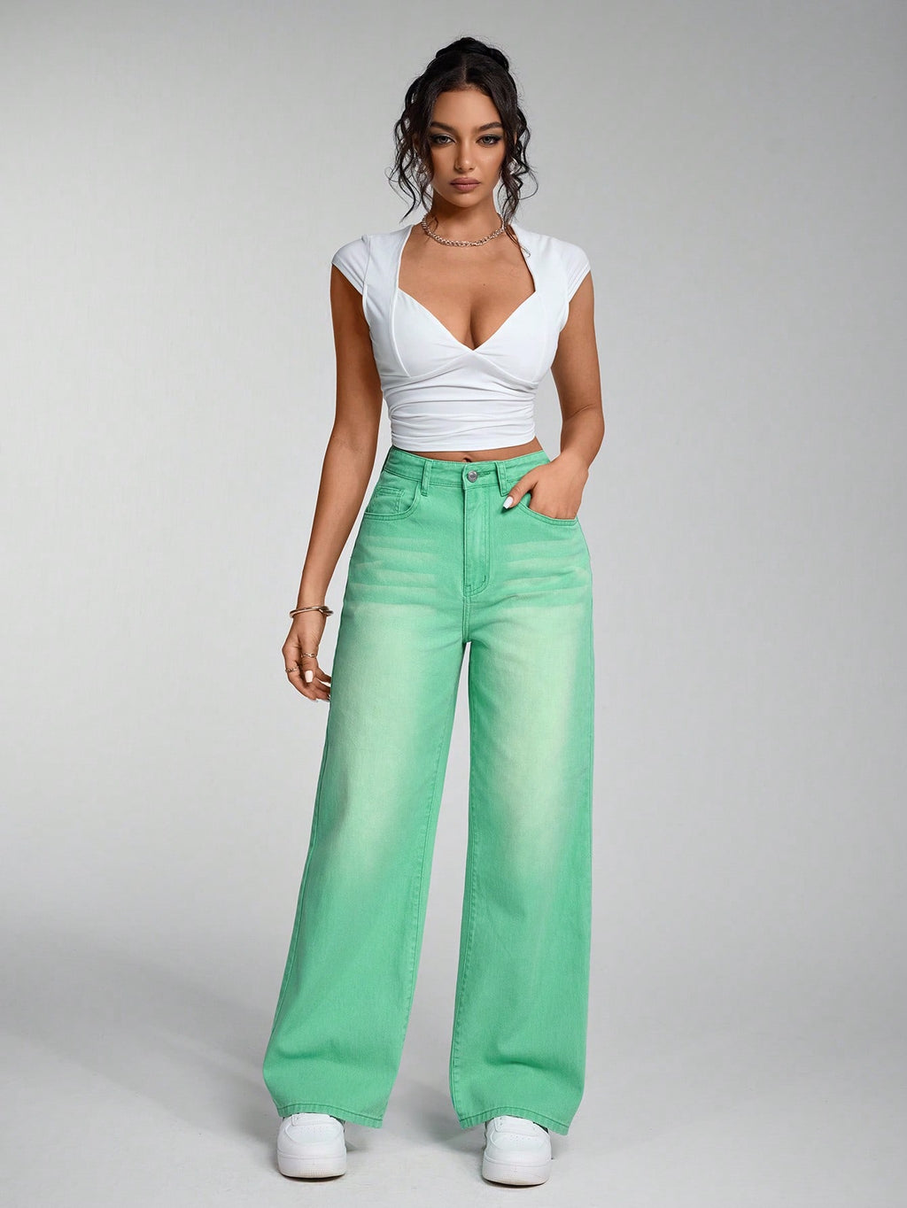 SHEIN x Lina SHEIN ICON Jeans droits taille mi-haute lavés décontractés de style rétro