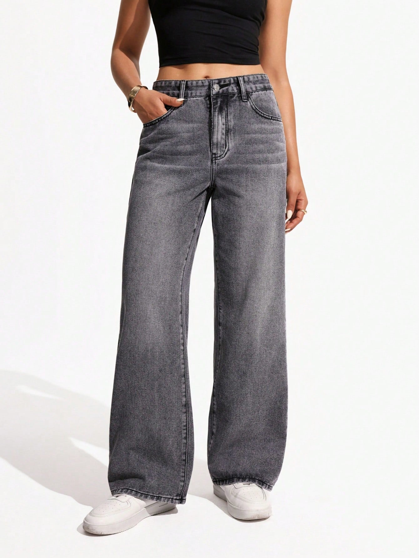 SHEIN x Lina SHEIN ICON Jeans droits taille mi-haute lavés décontractés de style rétro