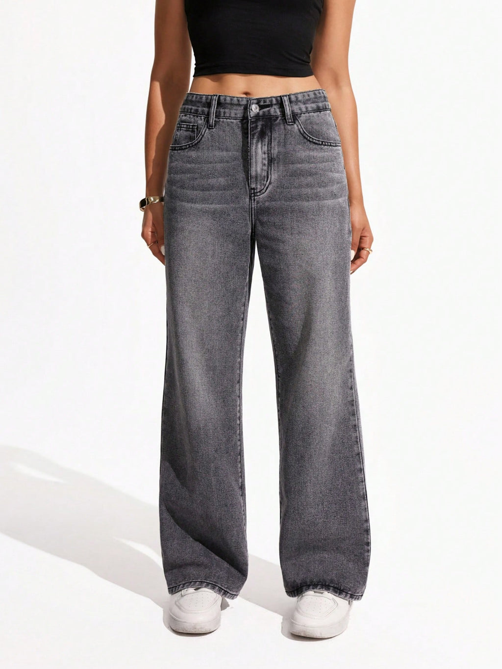 SHEIN x Lina SHEIN ICON Jeans droits taille mi-haute lavés décontractés de style rétro