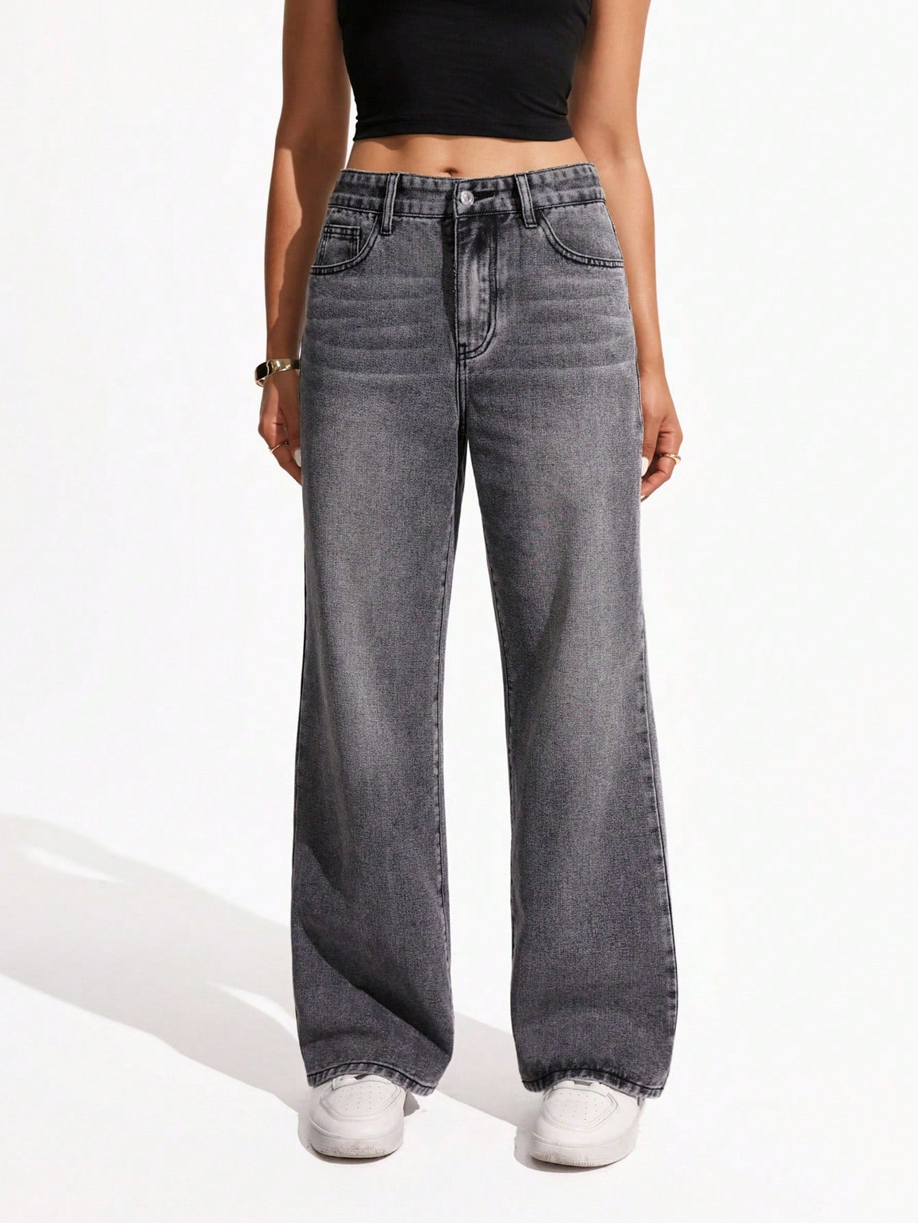 SHEIN x Lina SHEIN ICON Jeans droits taille mi-haute lavés décontractés de style rétro