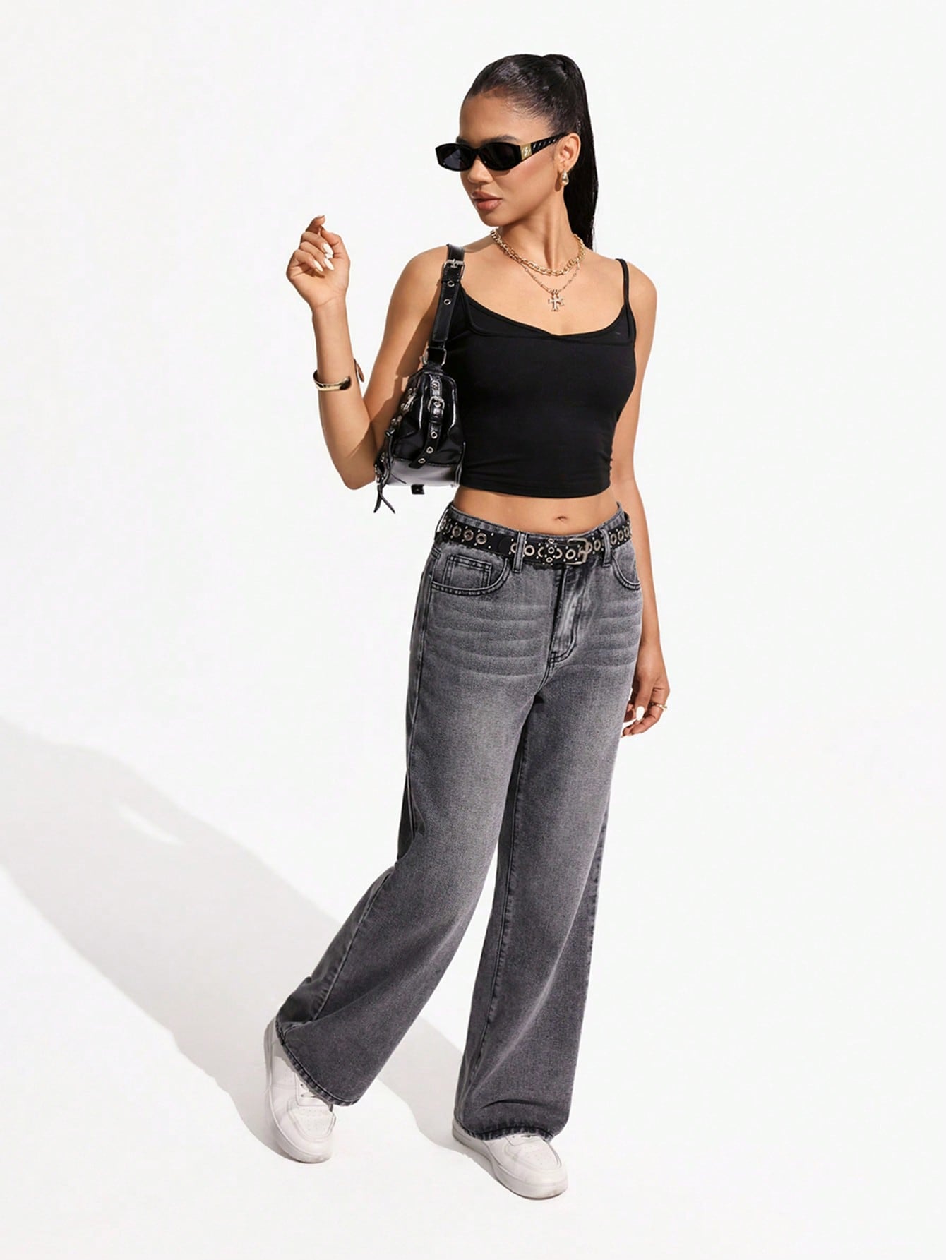 SHEIN x Lina SHEIN ICON Jeans droits taille mi-haute lavés décontractés de style rétro