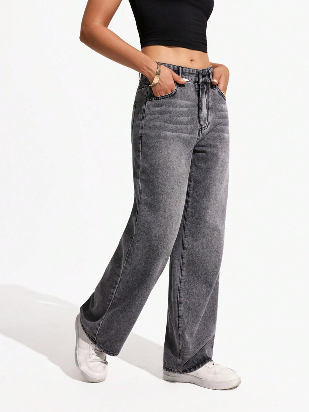 SHEIN x Lina SHEIN ICON Jeans droits taille mi-haute lavés décontractés de style rétro