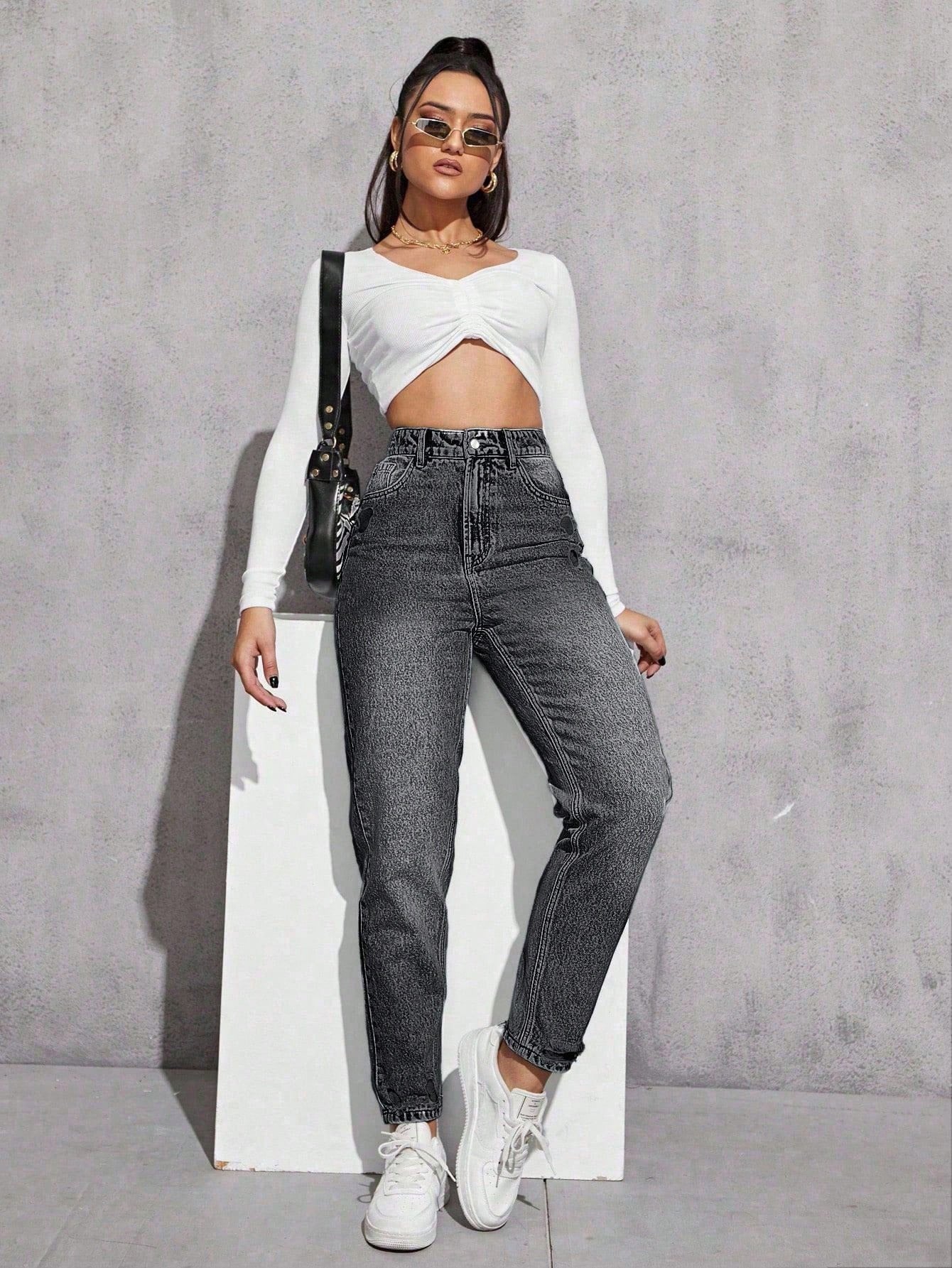 SHEIN EZwear Jeans décontractés polyvalents en denim avec jambes fuselées et poches pour femmes