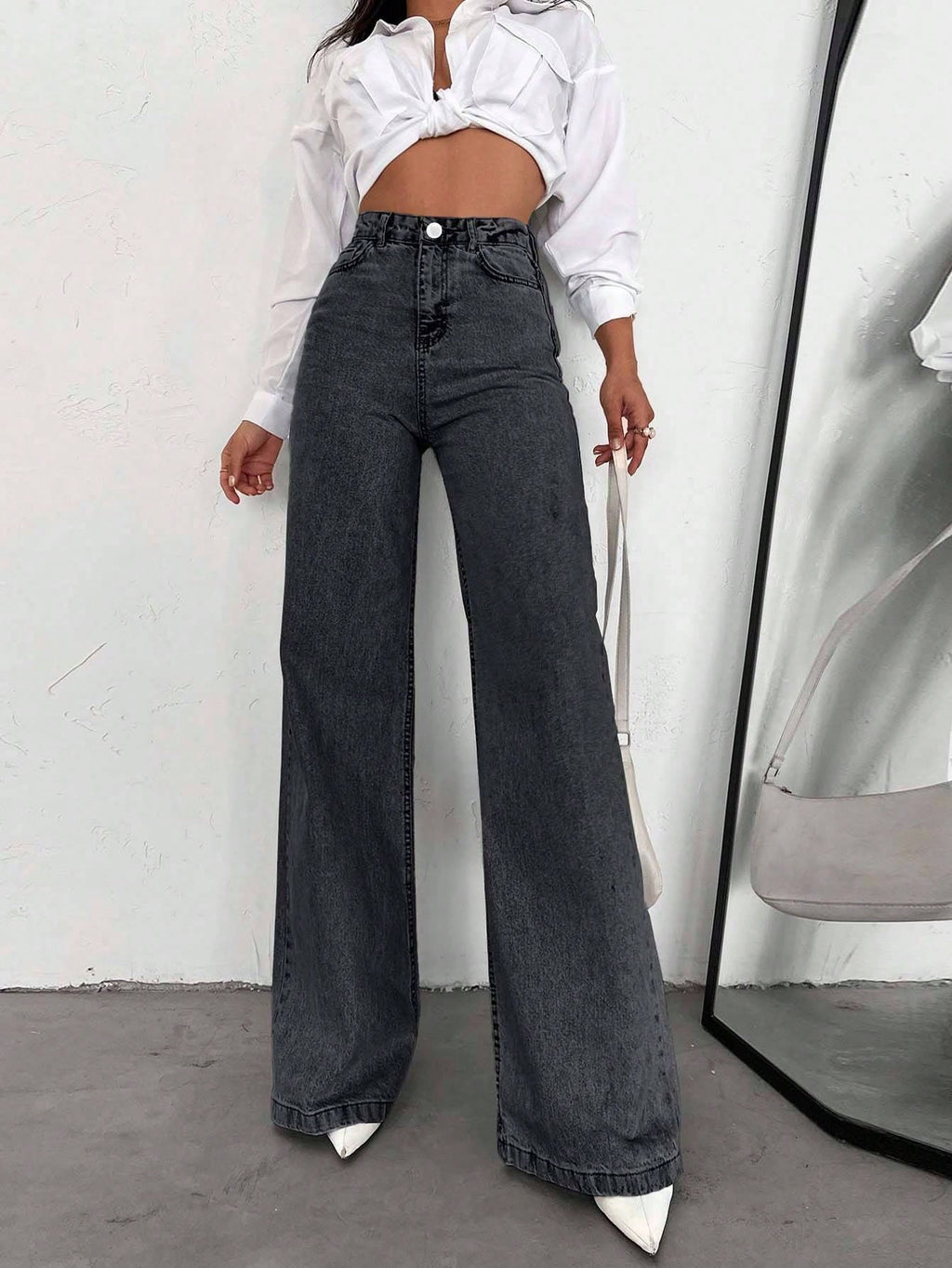 SHEIN Tall Jean grande taille à jambe large et ourlet long, 100% coton