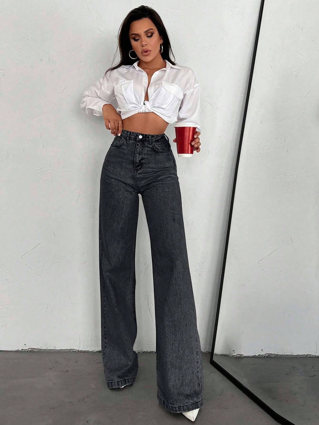 SHEIN Tall Jean grande taille à jambe large et ourlet long, 100% coton