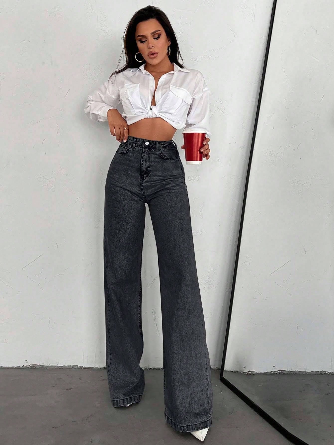 SHEIN Tall Jean grande taille à jambe large et ourlet long, 100% coton