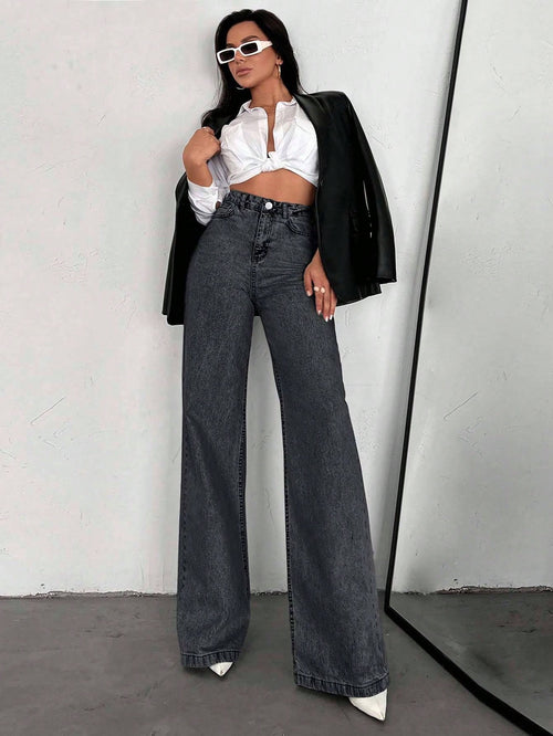 SHEIN Tall Jean grande taille à jambe large et ourlet long, 100% coton
