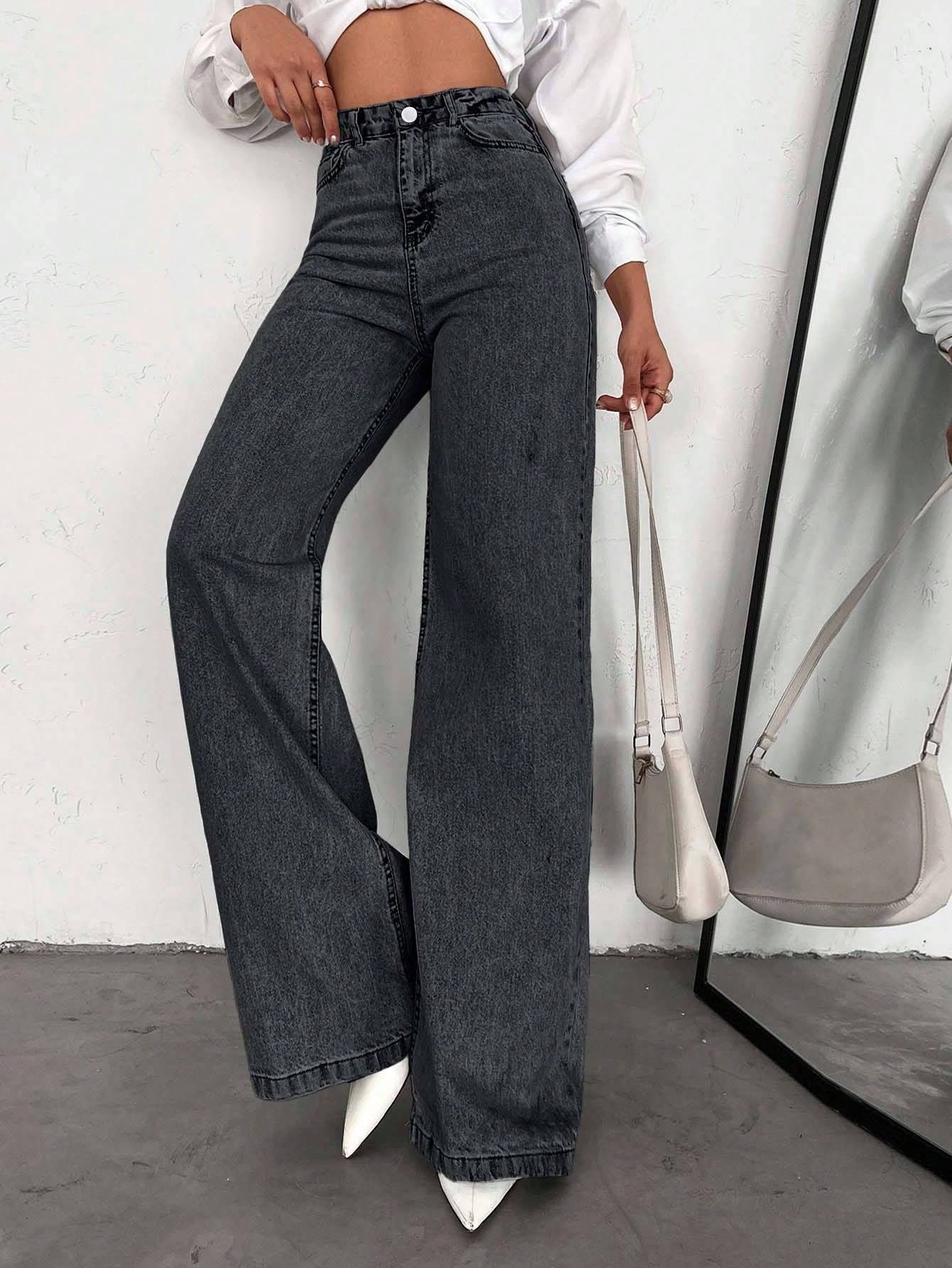 SHEIN Tall Jean grande taille à jambe large et ourlet long, 100% coton