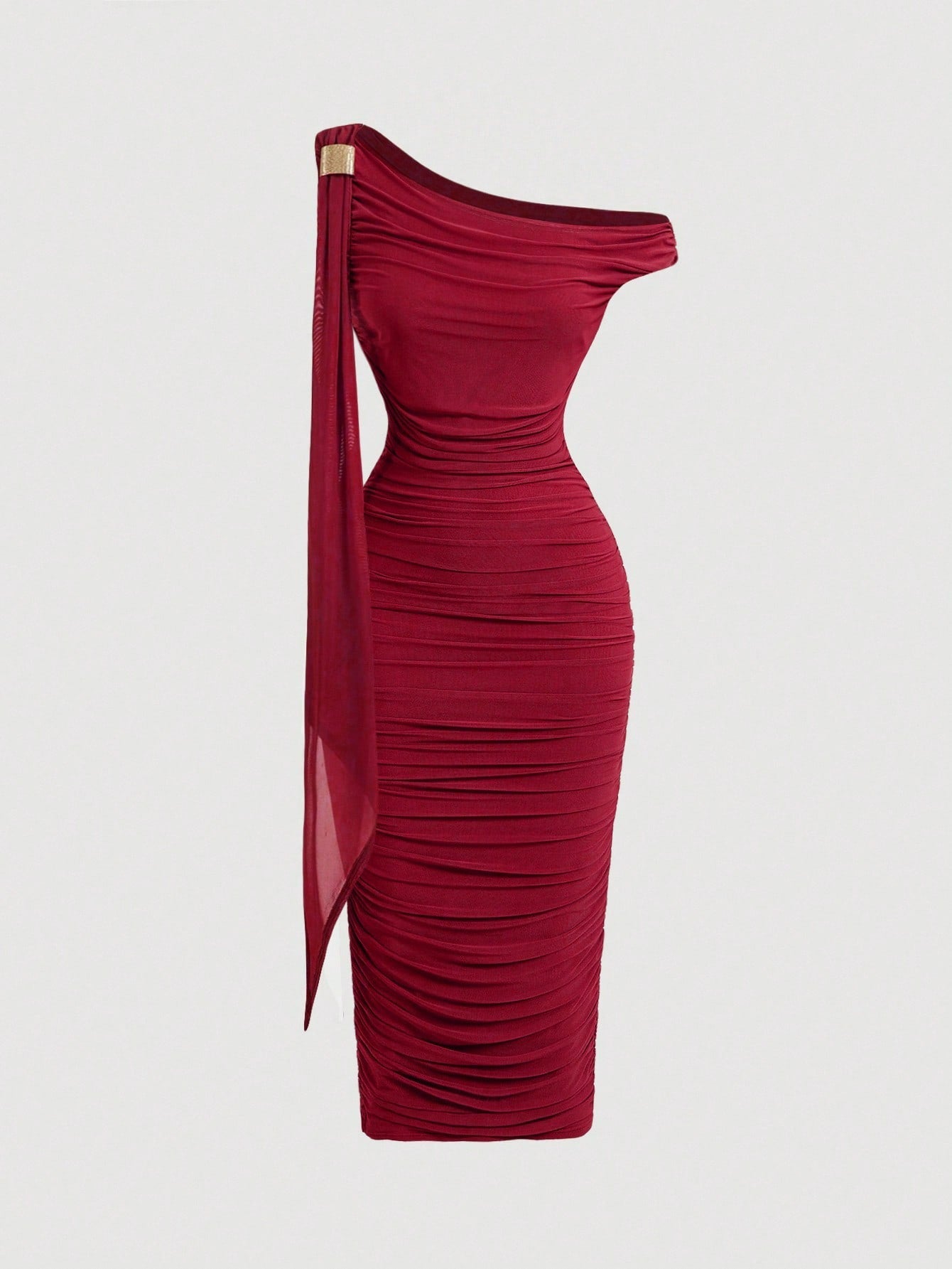 SHEIN MOD Robe mi-longue élégante pour femmes, coupe ajustée, col asymétrique, froncée, de couleur unie