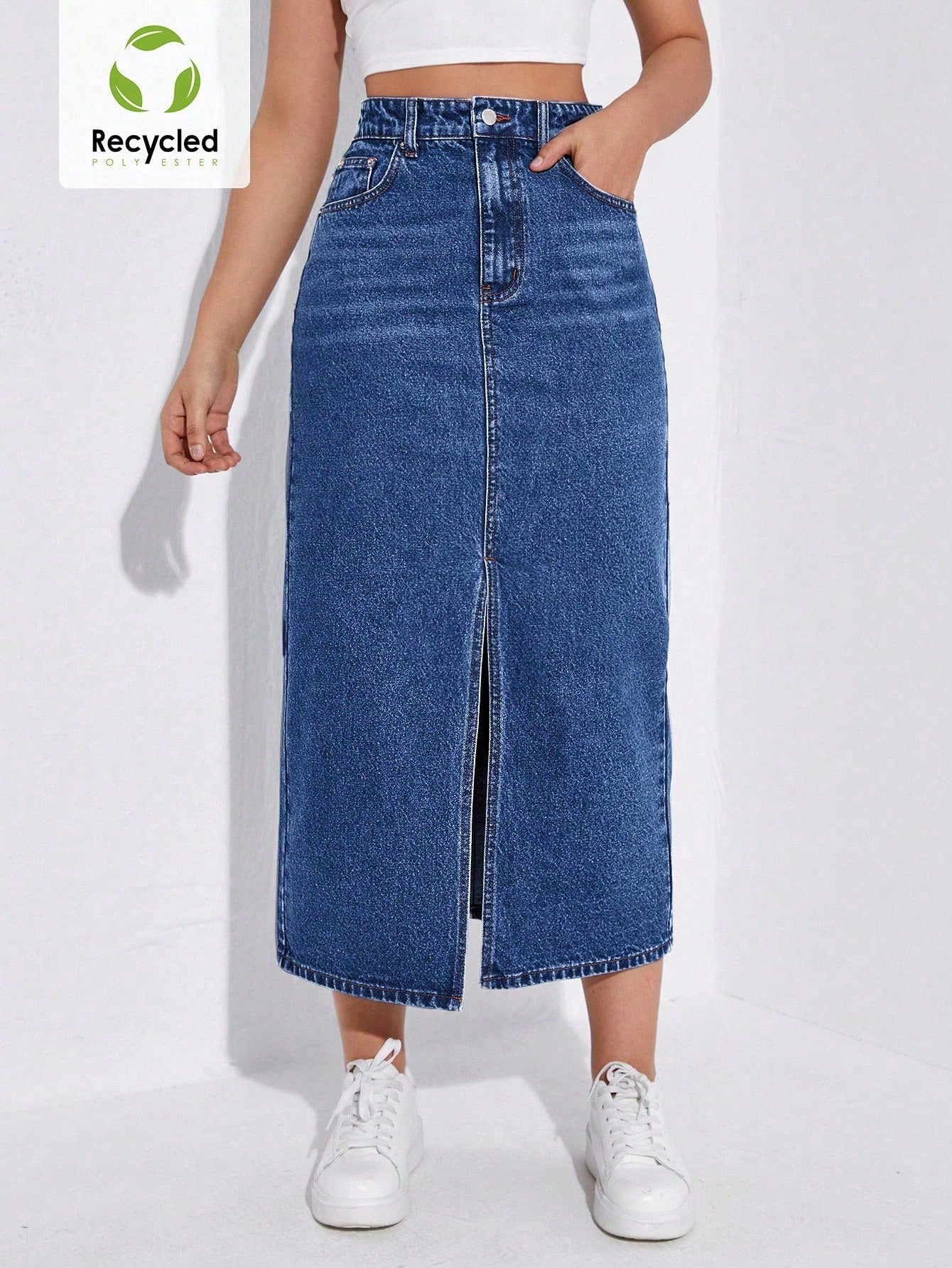 SHEIN EZwear Jupe en jean décontractée coupe droite longue pour femme avec poches à fente avant