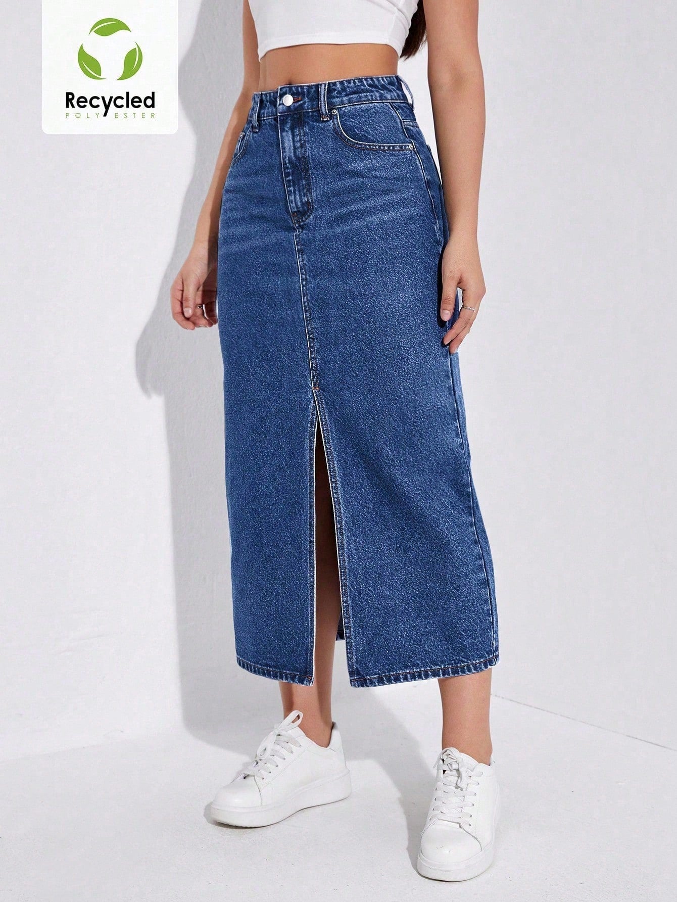 SHEIN EZwear Jupe en jean décontractée coupe droite longue pour femme avec poches à fente avant