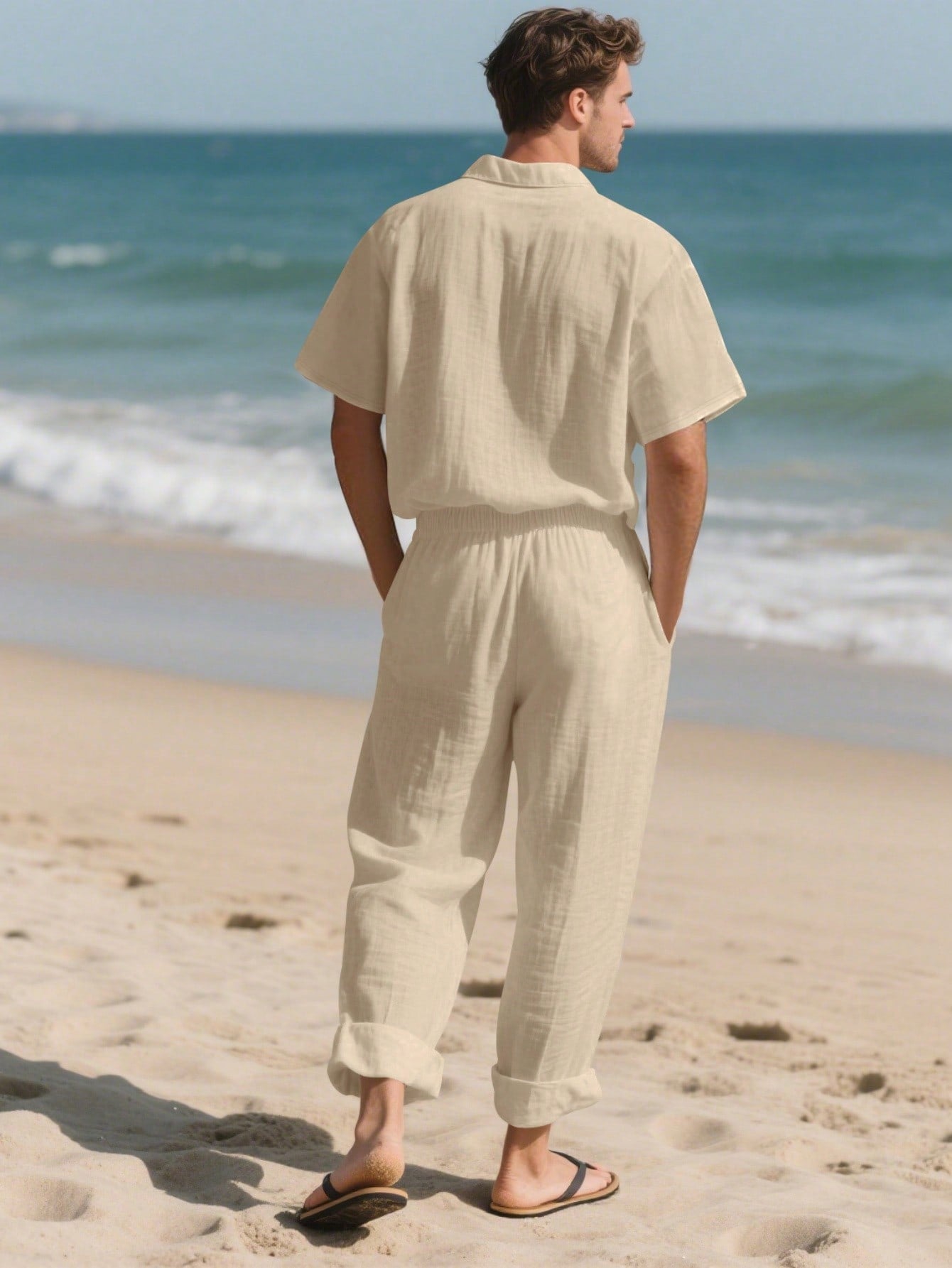 2 pièces/Set Tenue en lin pour homme, chemise à manches courtes boutonnée simple unie et pantalon