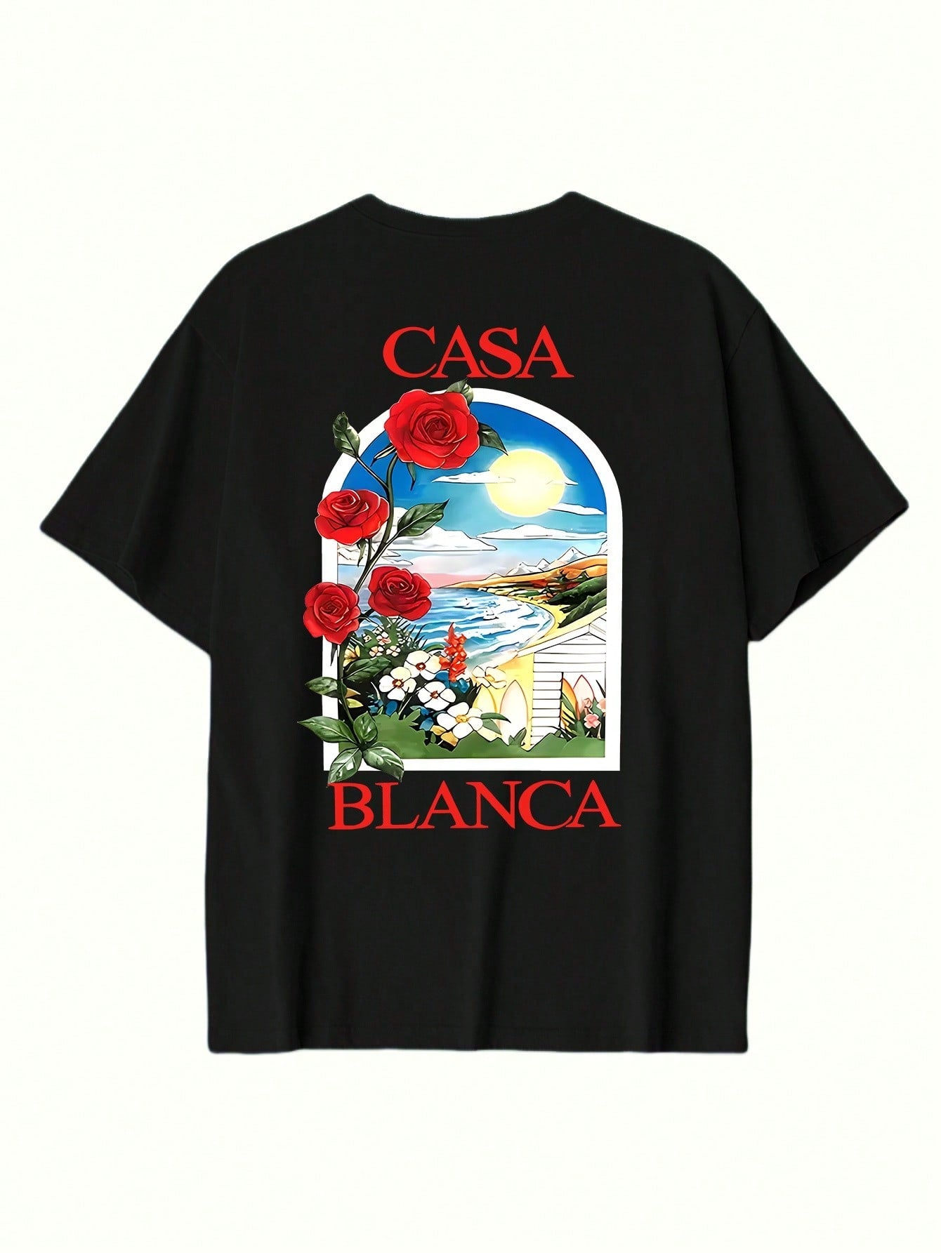 T-shirt en coton côtelé pour homme, imprimé plage rose romantique, hauts à manches courtes noirs doux pour homme