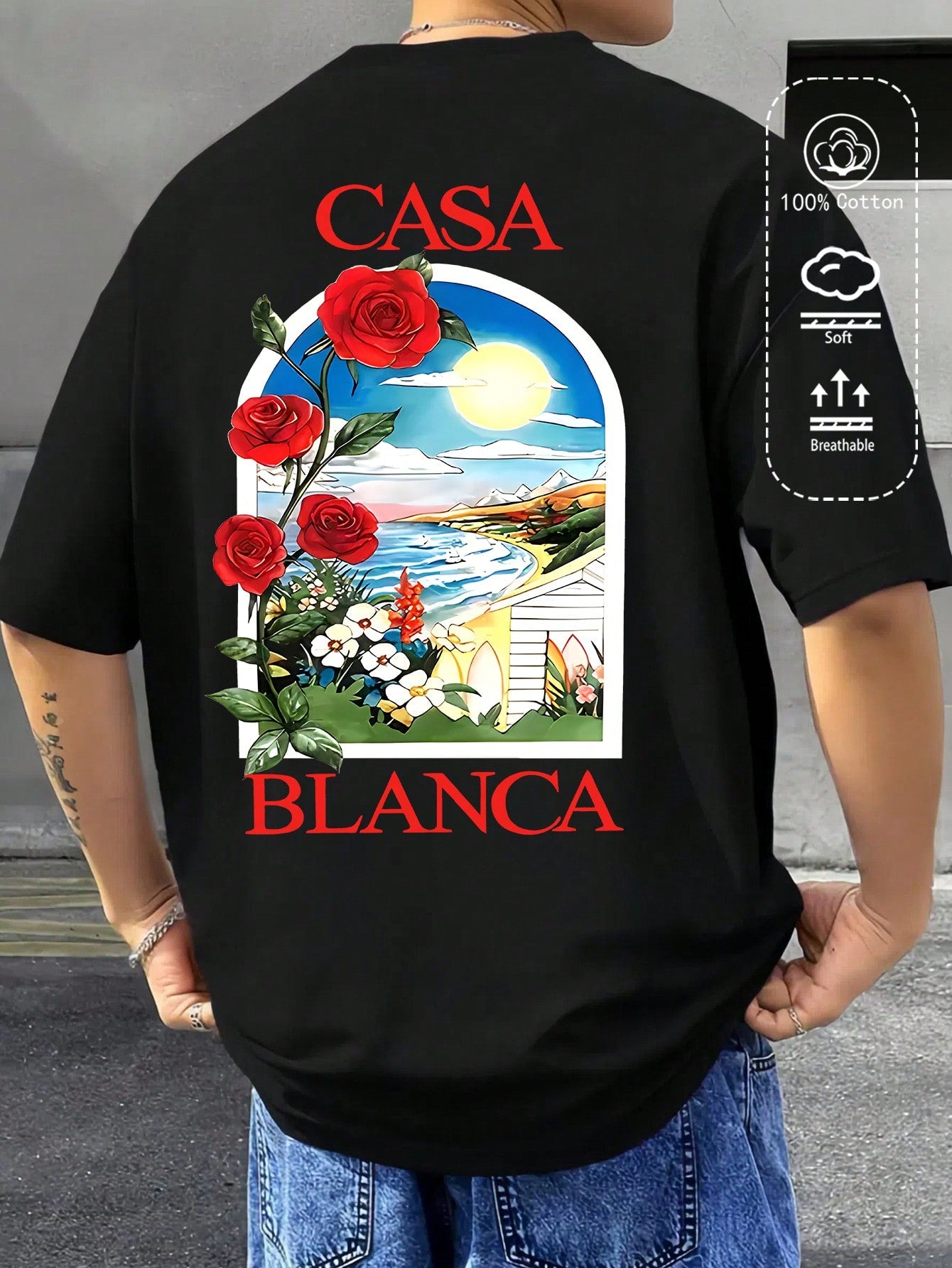 T-shirt en coton côtelé pour homme, imprimé plage rose romantique, hauts à manches courtes noirs doux pour homme