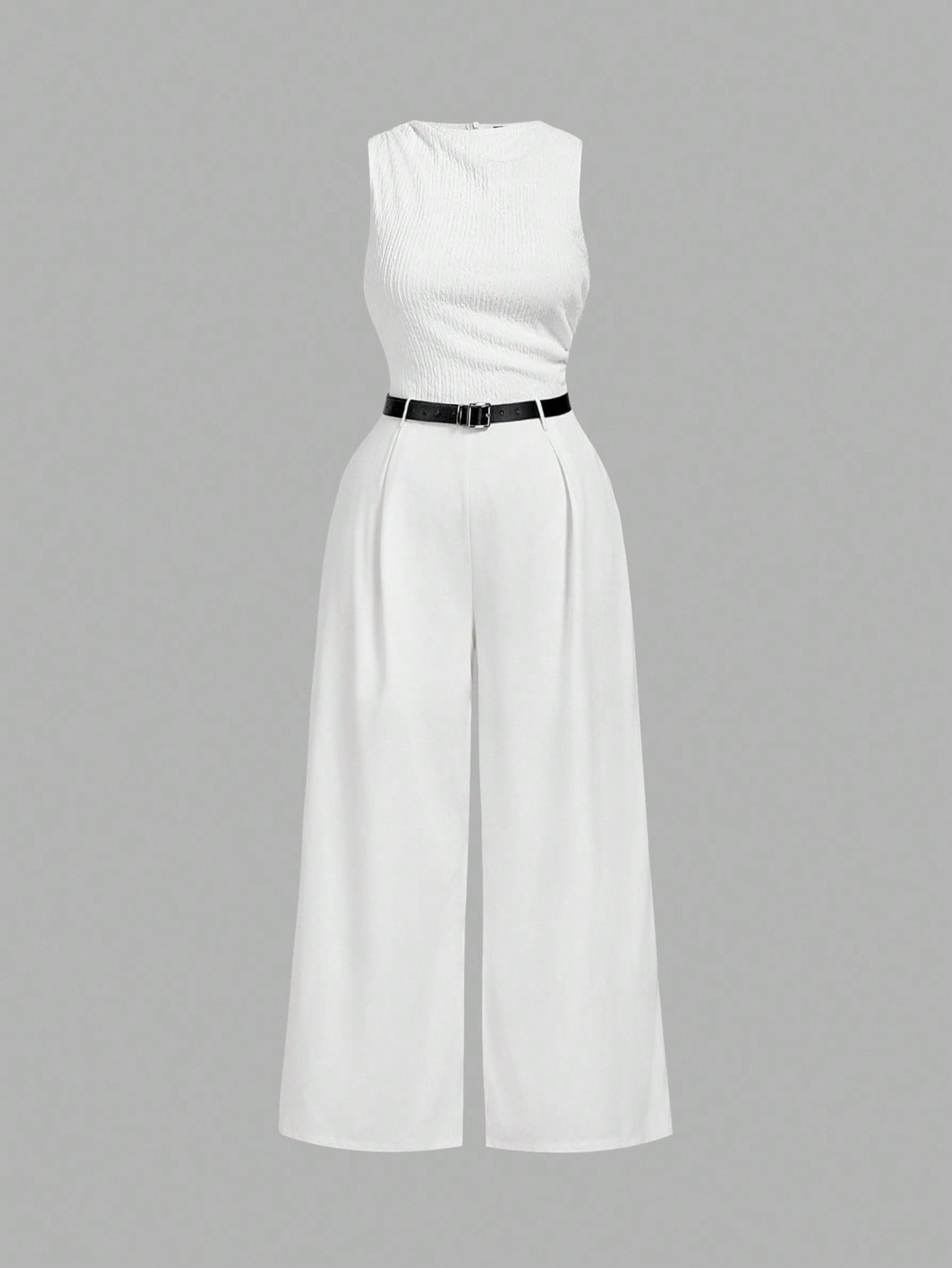 SHEIN MOD 1 pièce Combinaison ample à jambes larges et plissées noire pour femme grande taille avec ceinture, style casual, Nouvel An, Saint-Valentin