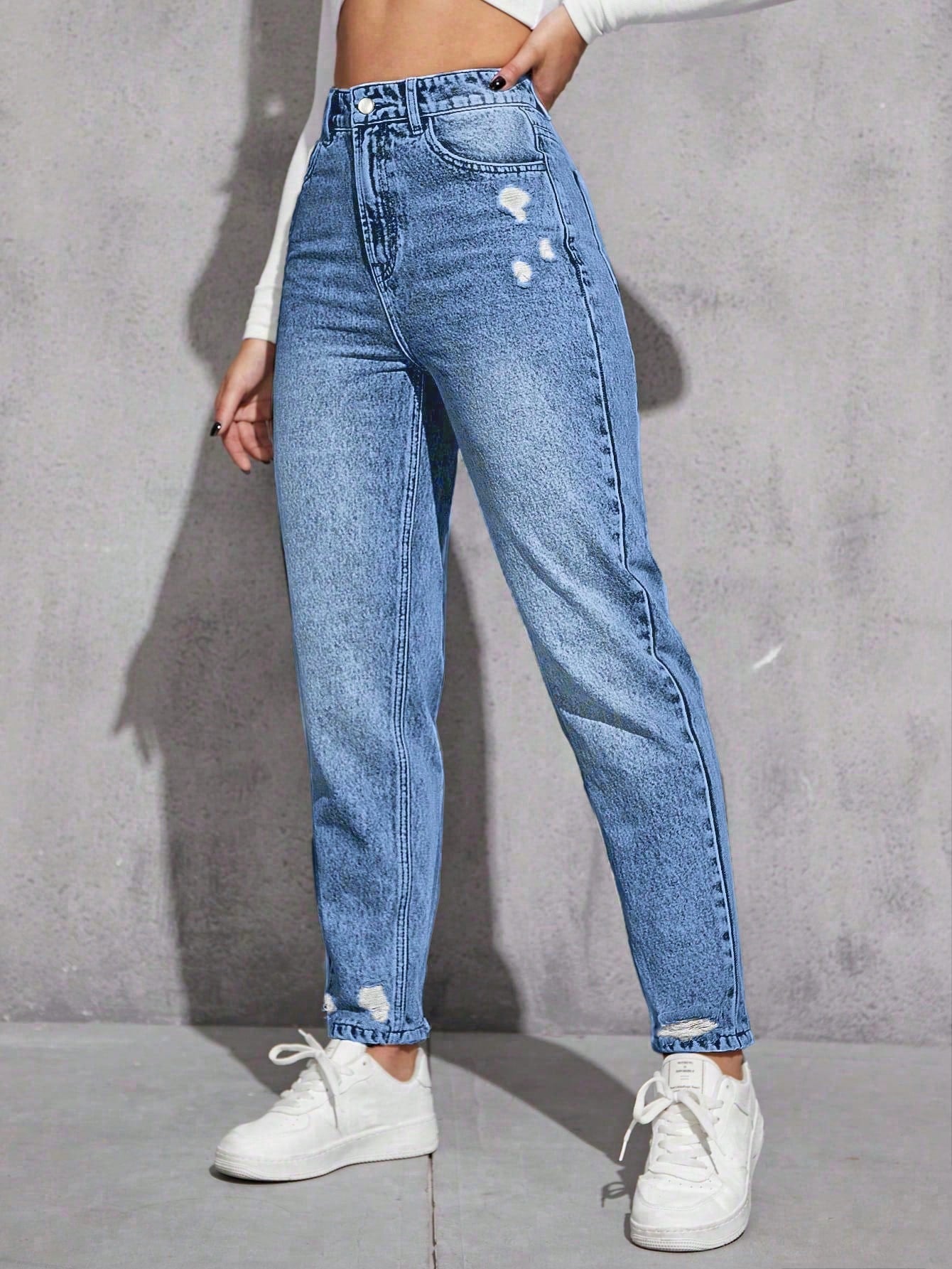 SHEIN EZwear Jeans décontractés polyvalents en denim avec jambes fuselées et poches pour femmes