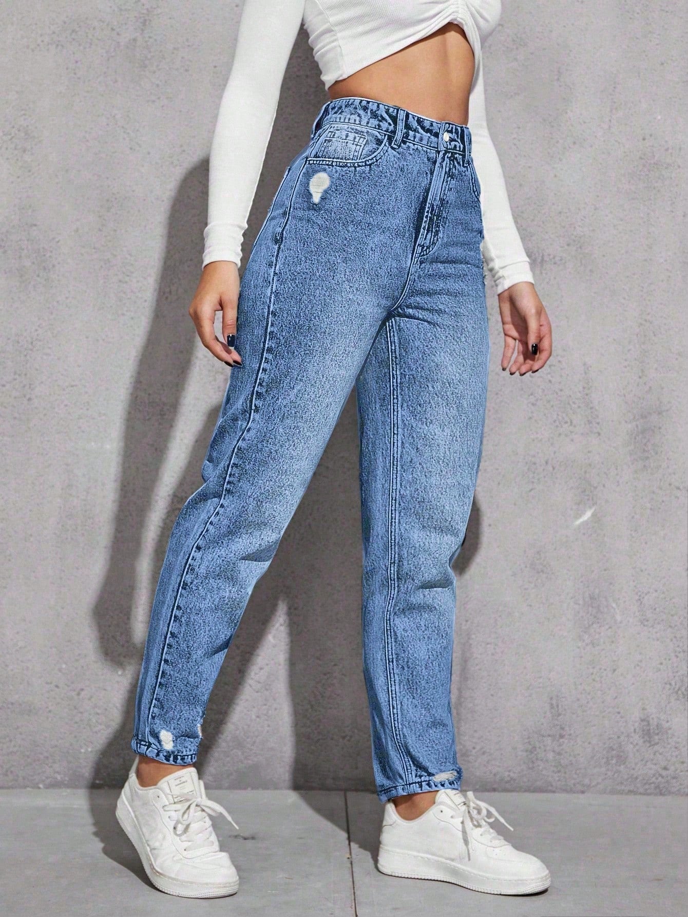SHEIN EZwear Jeans décontractés polyvalents en denim avec jambes fuselées et poches pour femmes
