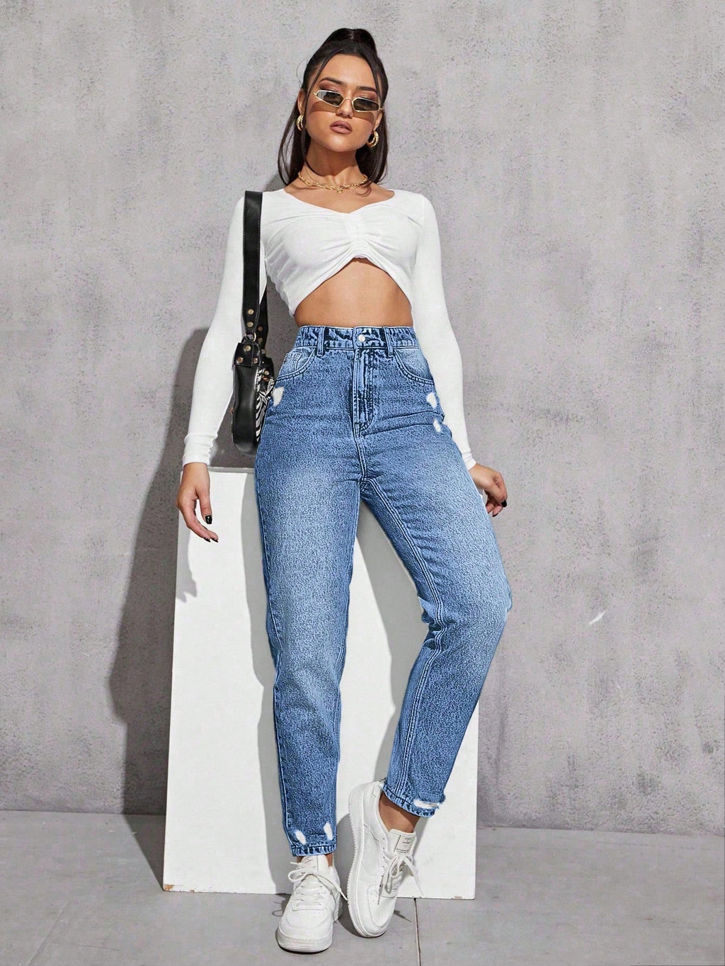SHEIN EZwear Jeans décontractés polyvalents en denim avec jambes fuselées et poches pour femmes