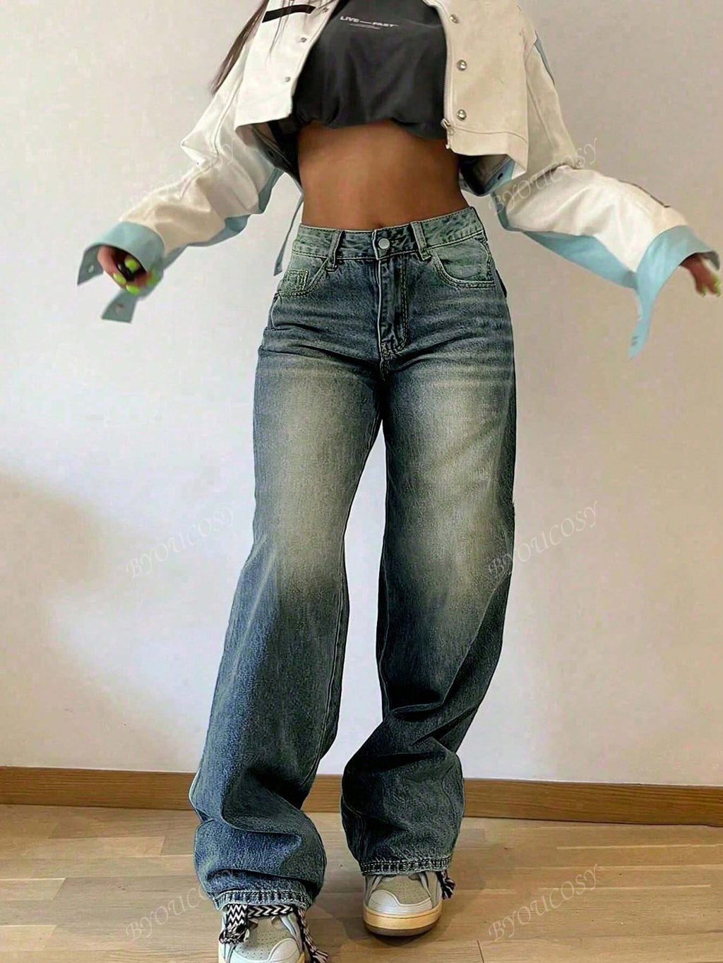 Pantalon en jean droit empilé ample rétro pour femmes