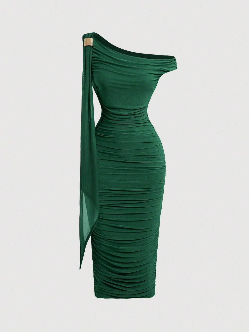 SHEIN MOD Robe mi-longue élégante pour femmes, coupe ajustée, col asymétrique, froncée, de couleur unie