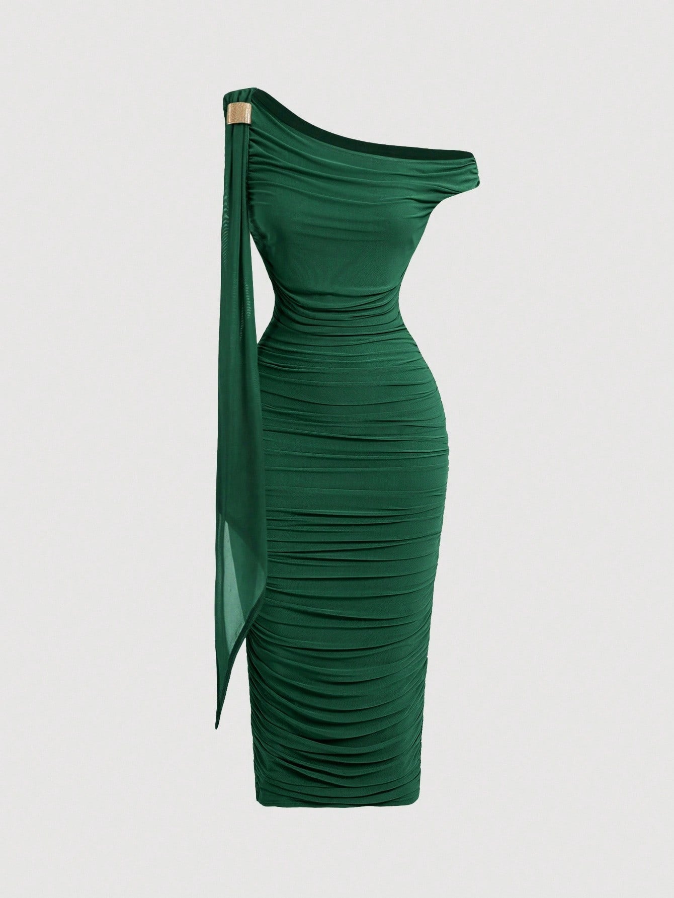 SHEIN MOD Robe mi-longue élégante pour femmes, coupe ajustée, col asymétrique, froncée, de couleur unie