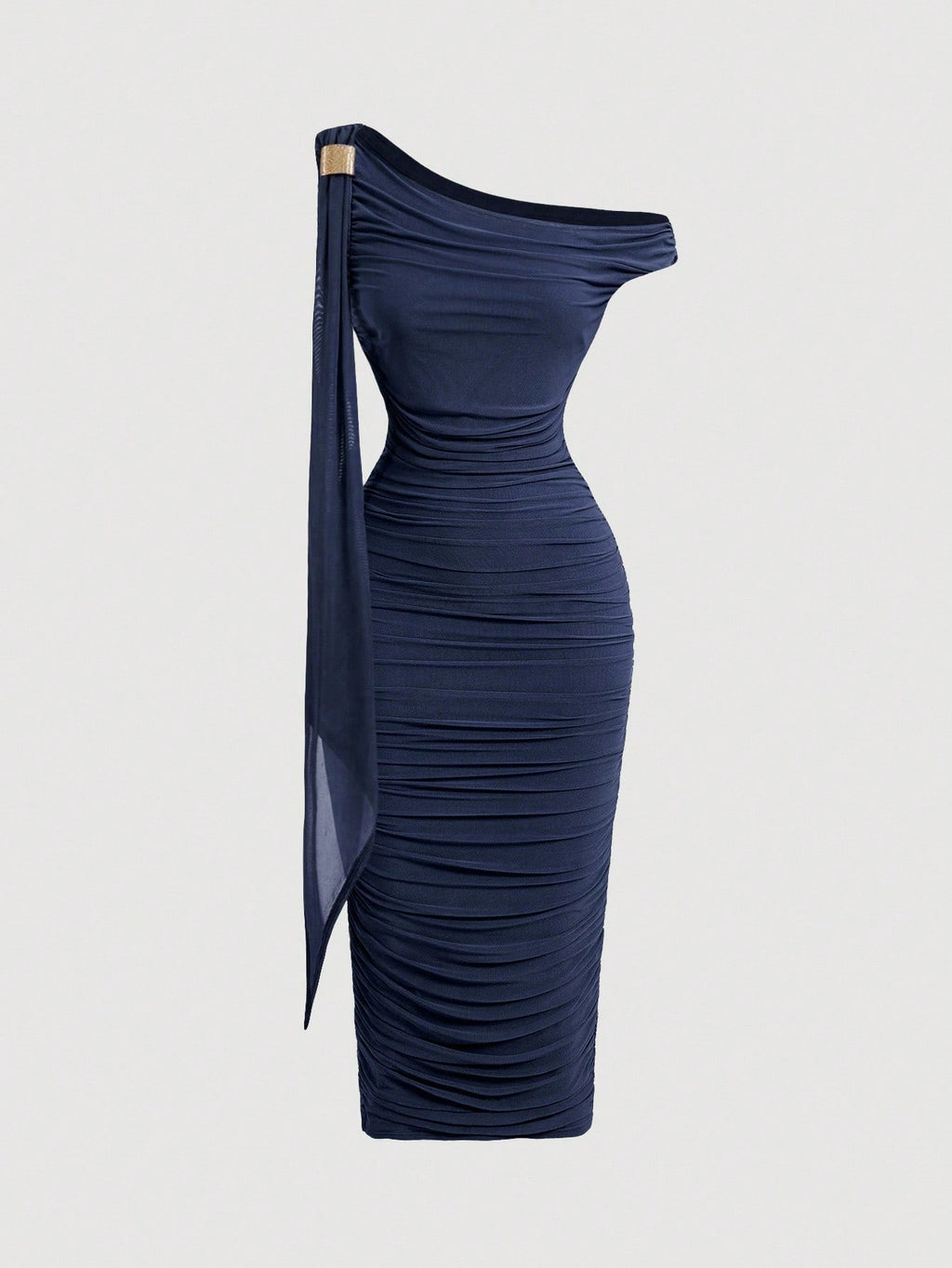 SHEIN MOD Robe mi-longue élégante pour femmes, coupe ajustée, col asymétrique, froncée, de couleur unie