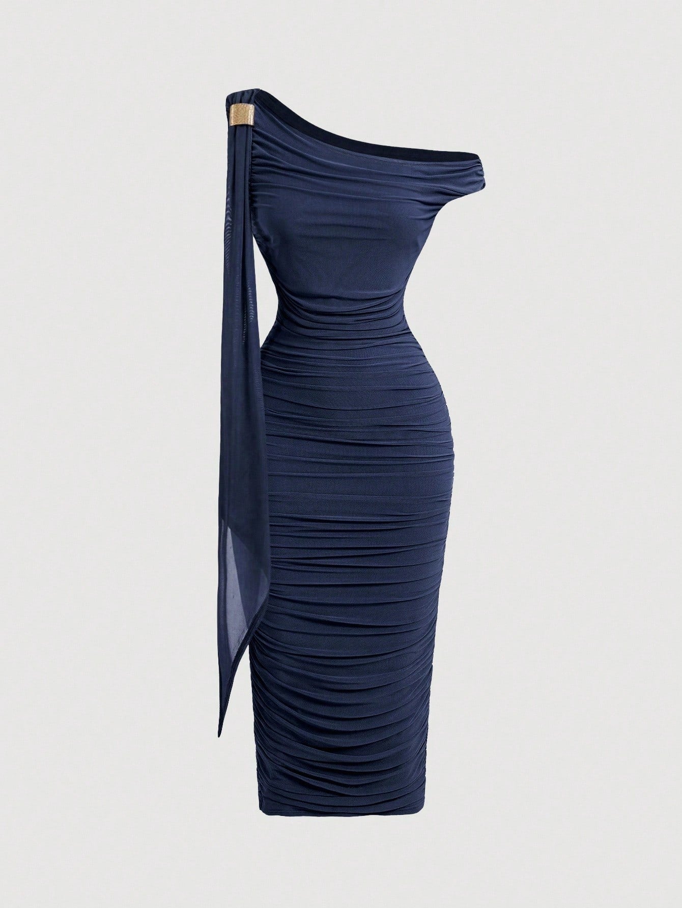 SHEIN MOD Robe mi-longue élégante pour femmes, coupe ajustée, col asymétrique, froncée, de couleur unie