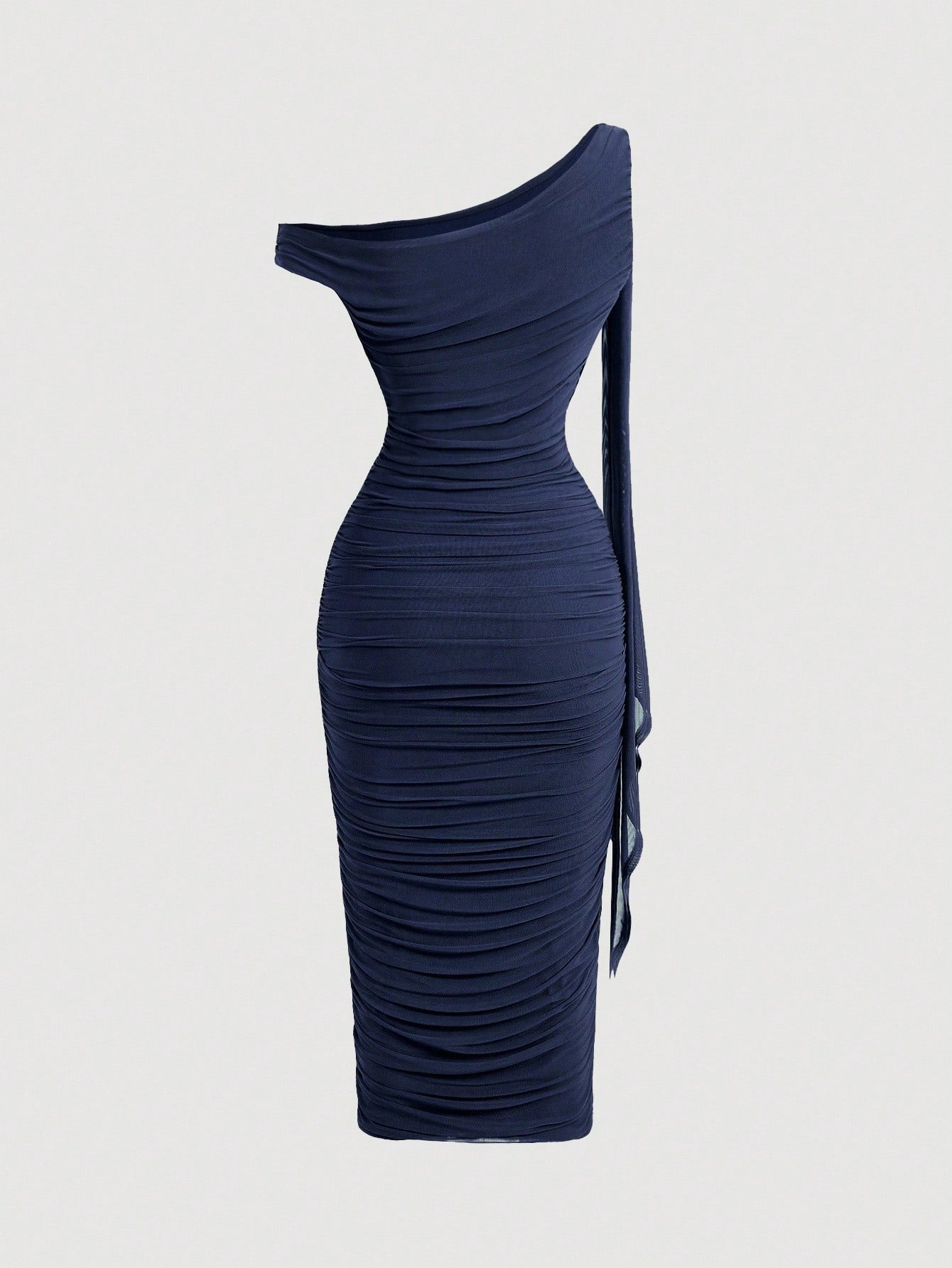 SHEIN MOD Robe mi-longue élégante pour femmes, coupe ajustée, col asymétrique, froncée, de couleur unie