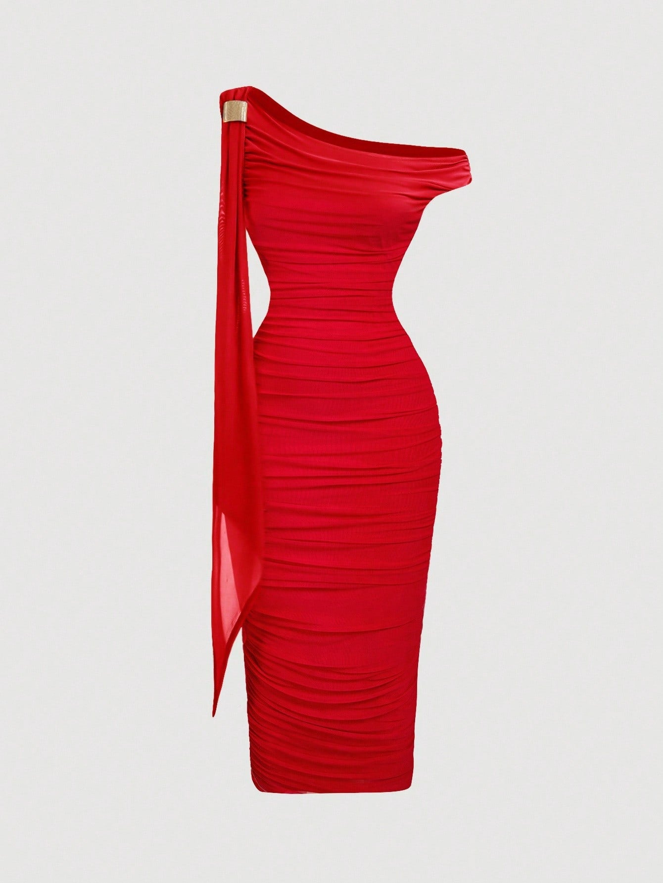 SHEIN MOD Robe mi-longue élégante pour femmes, coupe ajustée, col asymétrique, froncée, de couleur unie