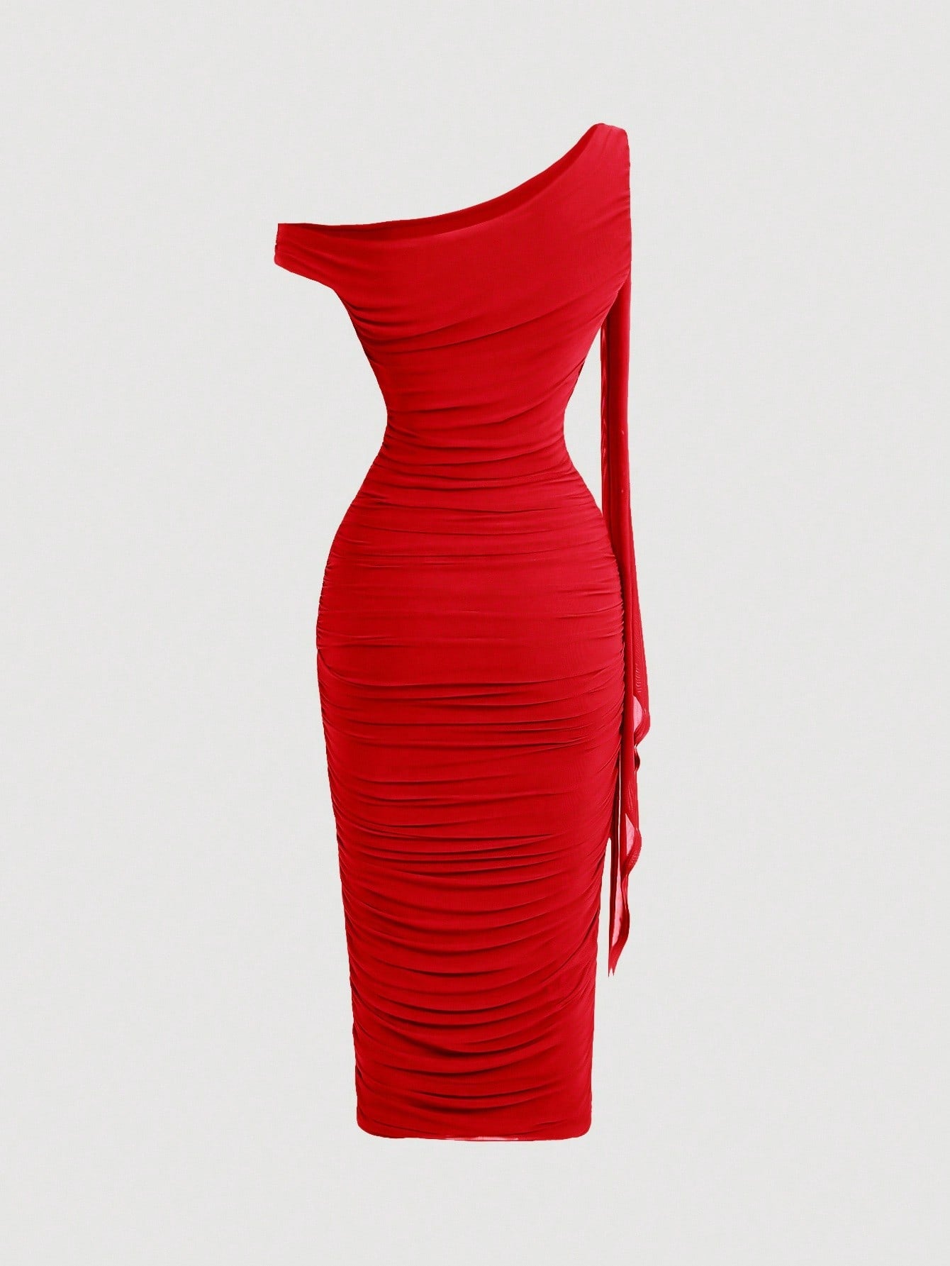 SHEIN MOD Robe mi-longue élégante pour femmes, coupe ajustée, col asymétrique, froncée, de couleur unie