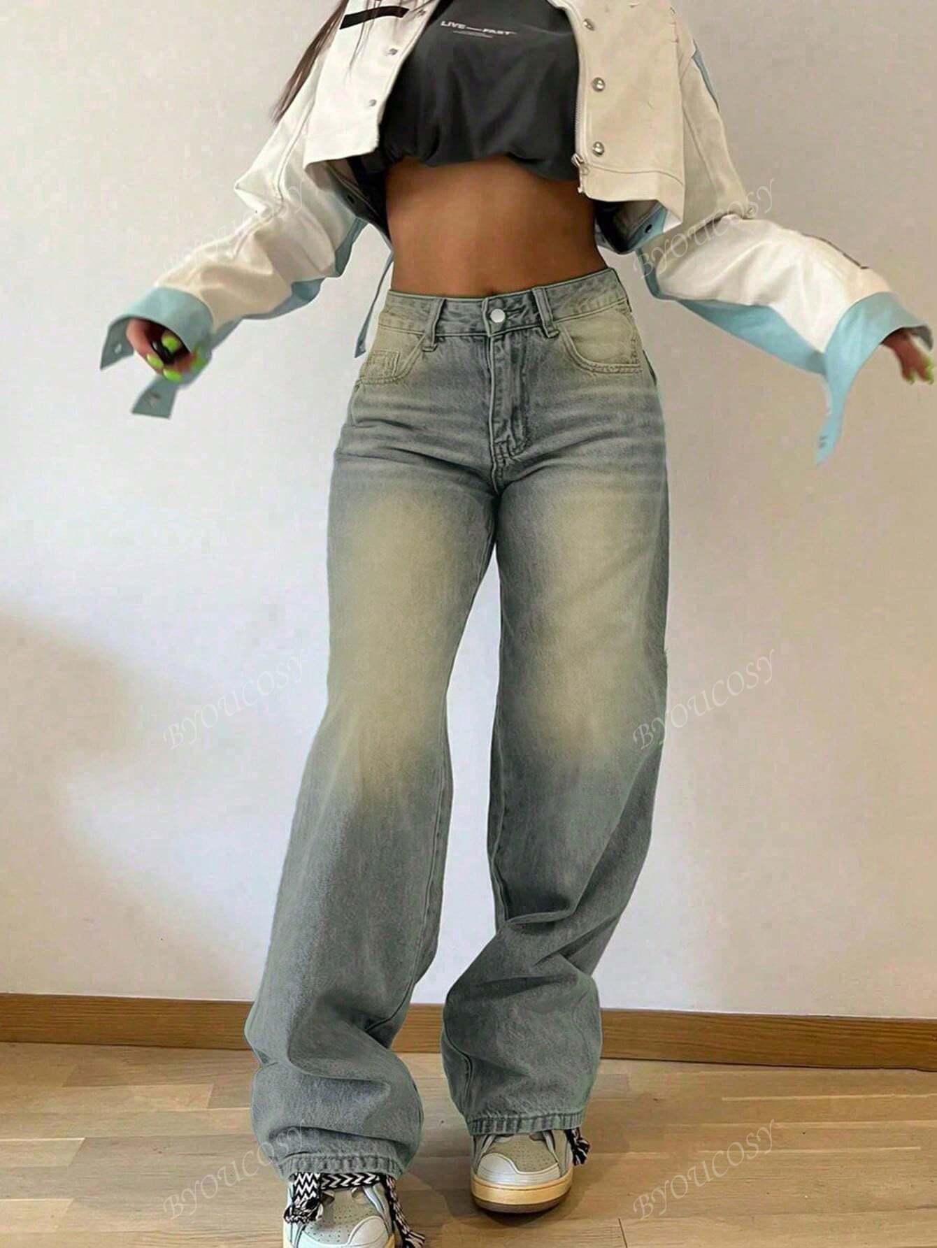 Pantalon en jean droit empilé ample rétro pour femmes