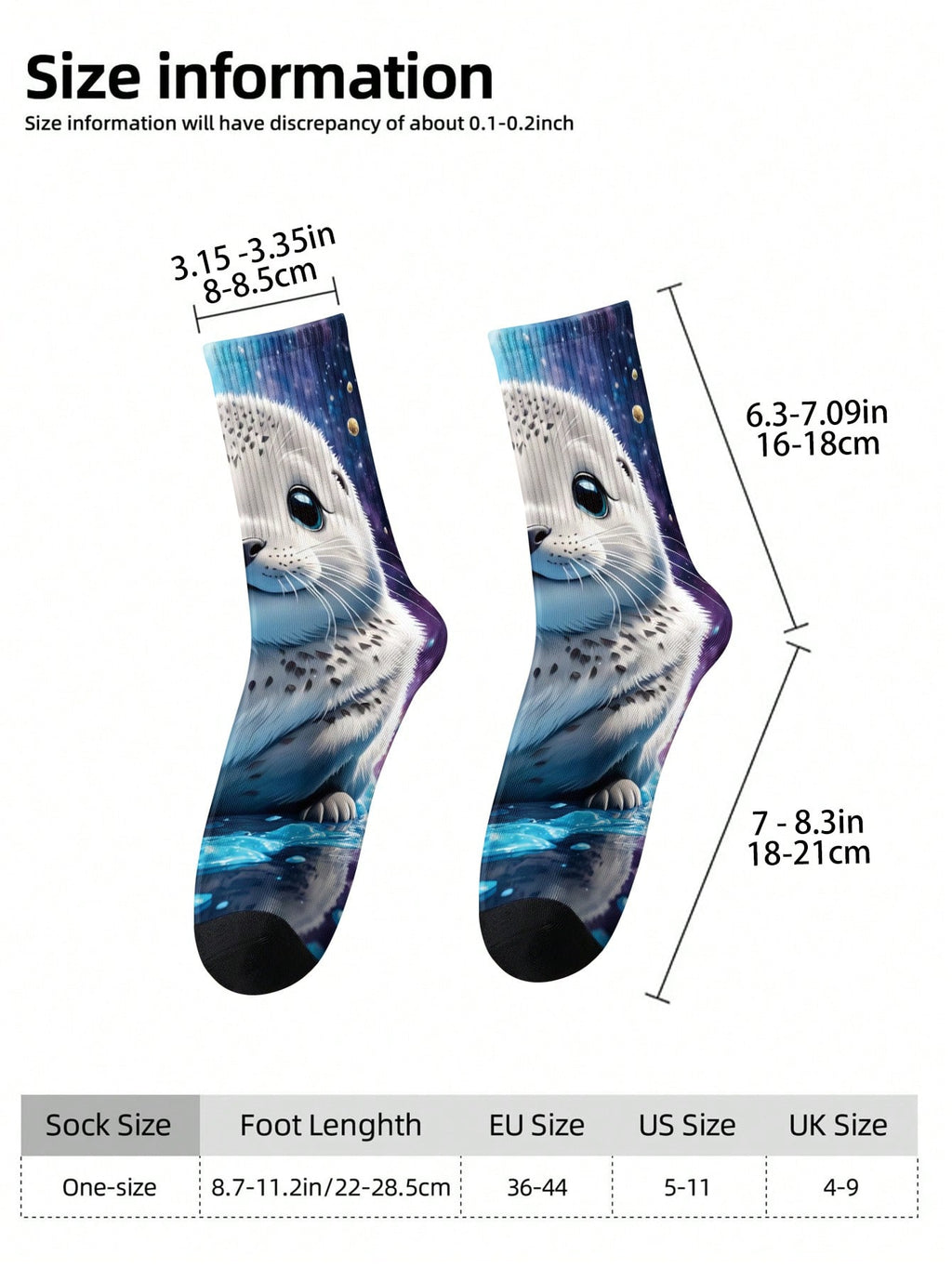 1/2 paire de chaussettes pour hommes imprimées en 3D avec un motif mignon de phoque spatial - style dessin animé thérapeutique, excellent choix de cadeau, chaussettes mi-mollet avec transfert numérique 360