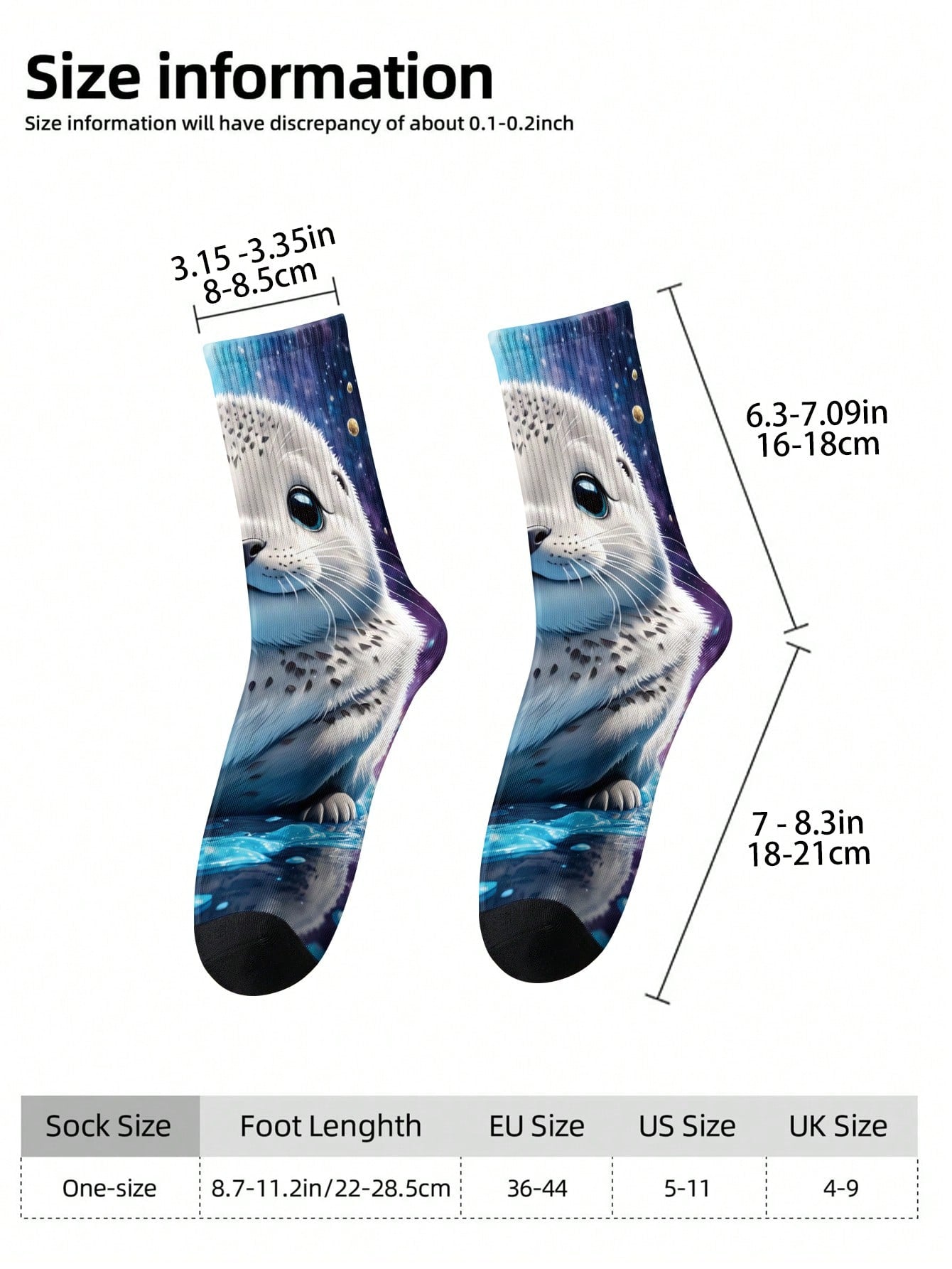 1/2 paire de chaussettes pour hommes imprimées en 3D avec un motif mignon de phoque spatial - style dessin animé thérapeutique, excellent choix de cadeau, chaussettes mi-mollet avec transfert numérique 360