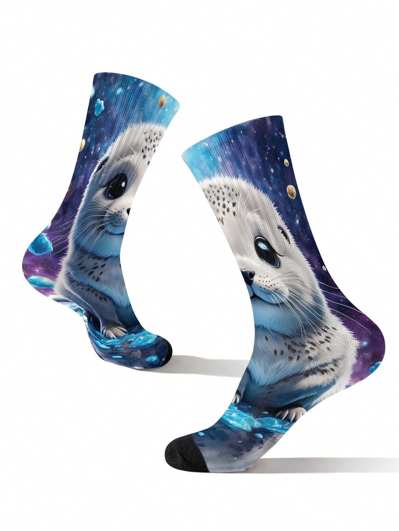 1/2 paire de chaussettes pour hommes imprimées en 3D avec un motif mignon de phoque spatial - style dessin animé thérapeutique, excellent choix de cadeau, chaussettes mi-mollet avec transfert numérique 360