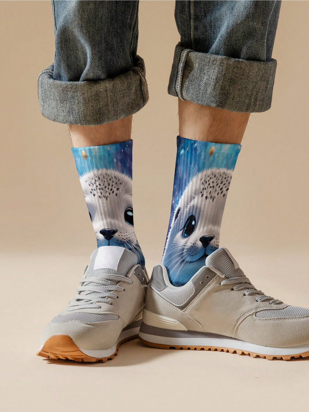 1/2 paire de chaussettes pour hommes imprimées en 3D avec un motif mignon de phoque spatial - style dessin animé thérapeutique, excellent choix de cadeau, chaussettes mi-mollet avec transfert numérique 360