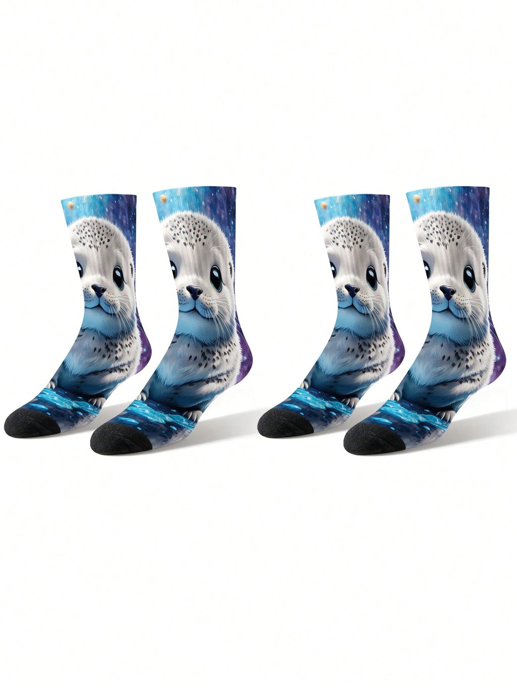 1/2 paire de chaussettes pour hommes imprimées en 3D avec un motif mignon de phoque spatial - style dessin animé thérapeutique, excellent choix de cadeau, chaussettes mi-mollet avec transfert numérique 360