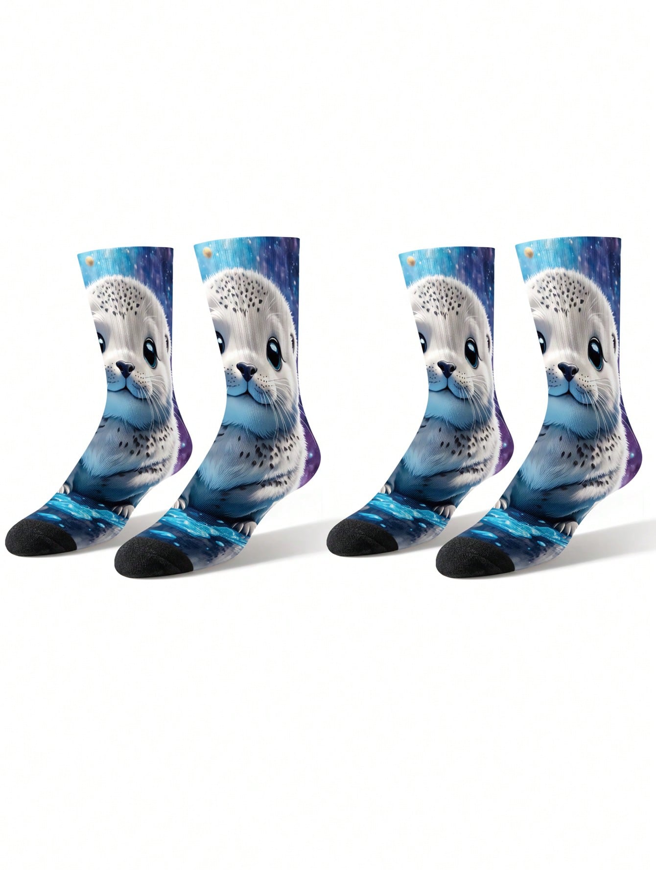 1/2 paire de chaussettes pour hommes imprimées en 3D avec un motif mignon de phoque spatial - style dessin animé thérapeutique, excellent choix de cadeau, chaussettes mi-mollet avec transfert numérique 360