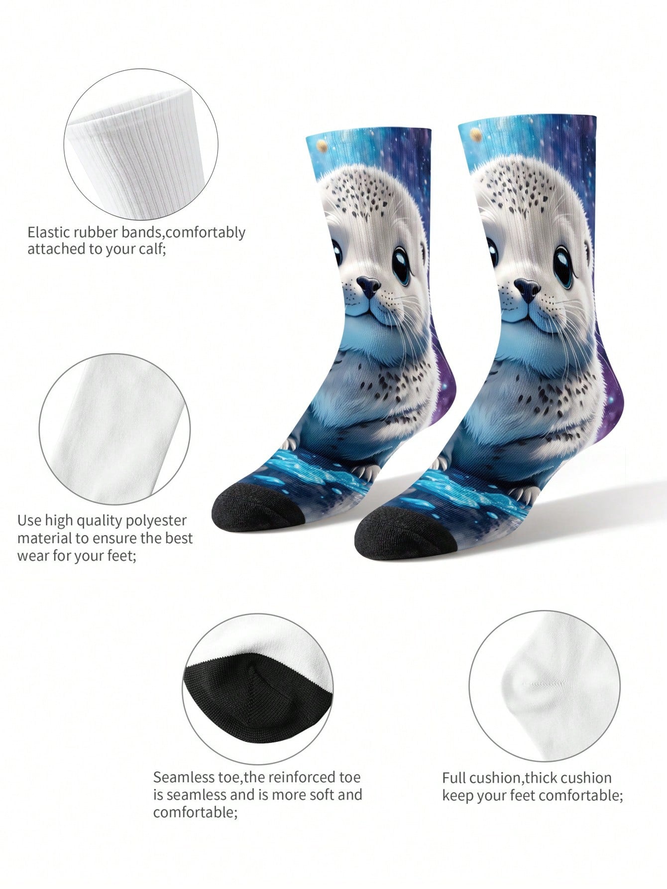 1/2 paire de chaussettes pour hommes imprimées en 3D avec un motif mignon de phoque spatial - style dessin animé thérapeutique, excellent choix de cadeau, chaussettes mi-mollet avec transfert numérique 360