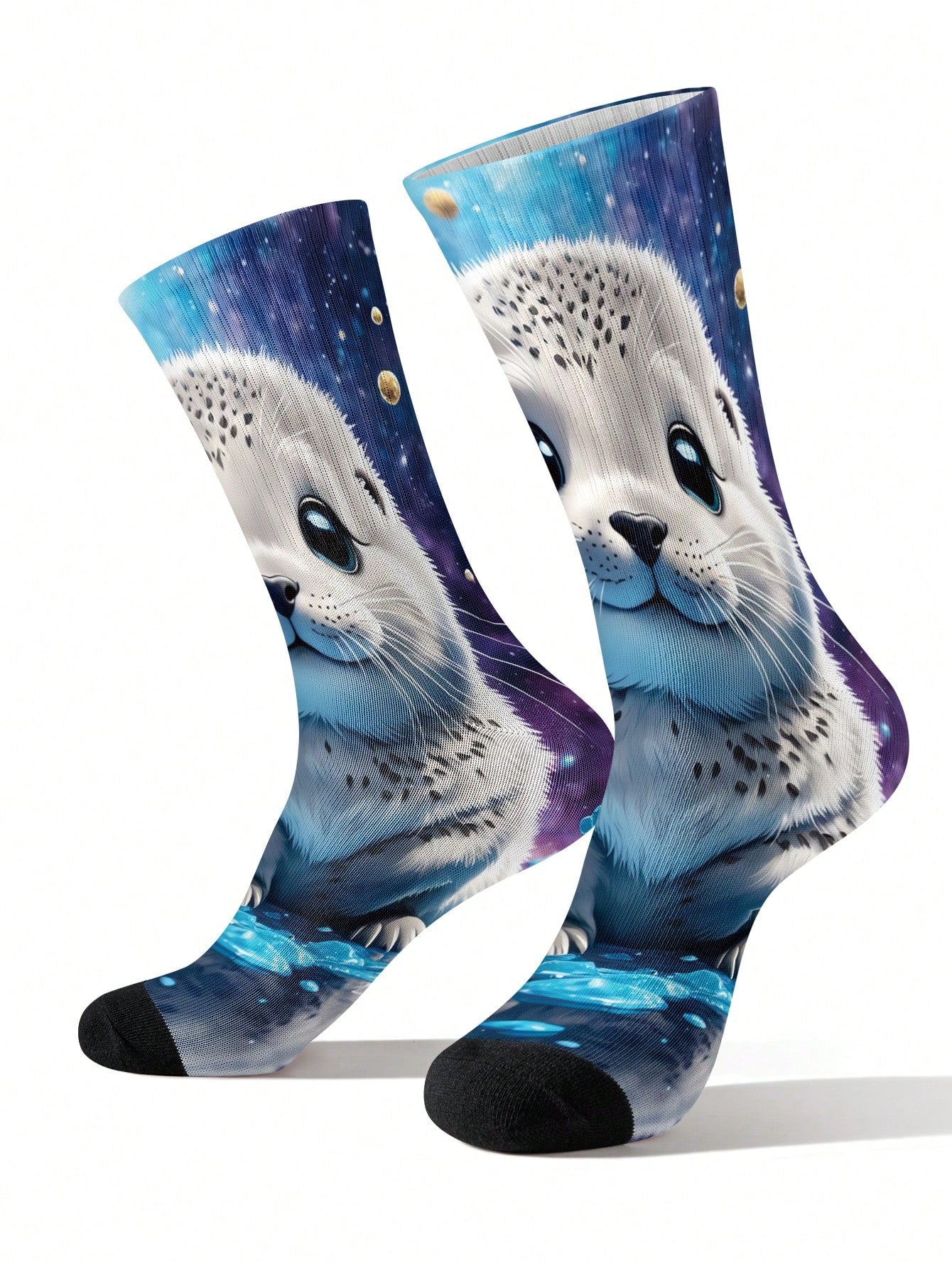1/2 paire de chaussettes pour hommes imprimées en 3D avec un motif mignon de phoque spatial - style dessin animé thérapeutique, excellent choix de cadeau, chaussettes mi-mollet avec transfert numérique 360