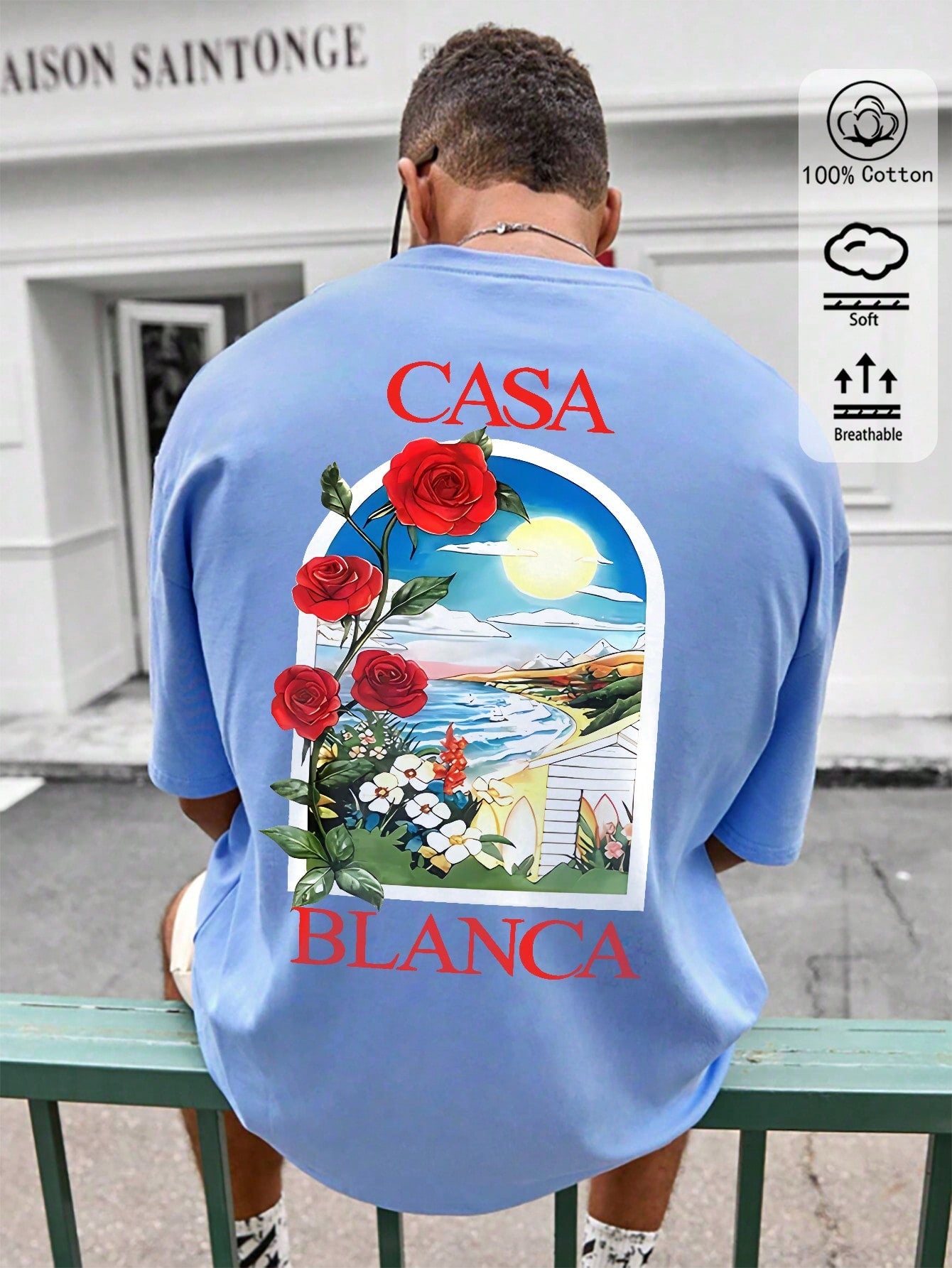 T-shirt en coton côtelé pour homme, imprimé plage rose romantique, hauts à manches courtes noirs doux pour homme
