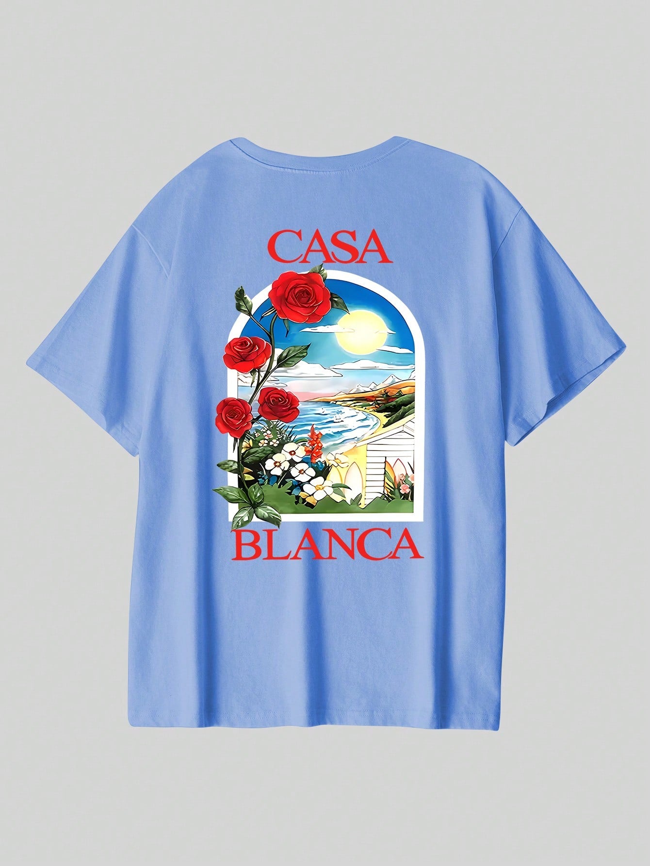T-shirt en coton côtelé pour homme, imprimé plage rose romantique, hauts à manches courtes noirs doux pour homme