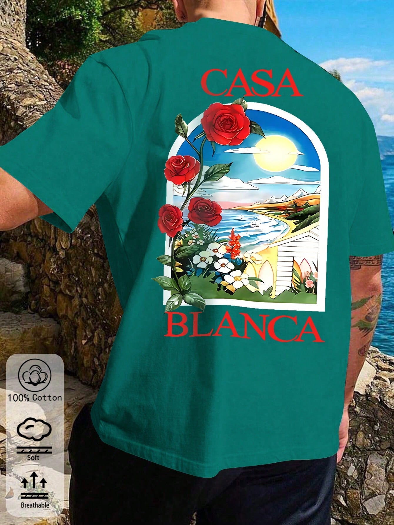 T-shirt en coton côtelé pour homme, imprimé plage rose romantique, hauts à manches courtes noirs doux pour homme