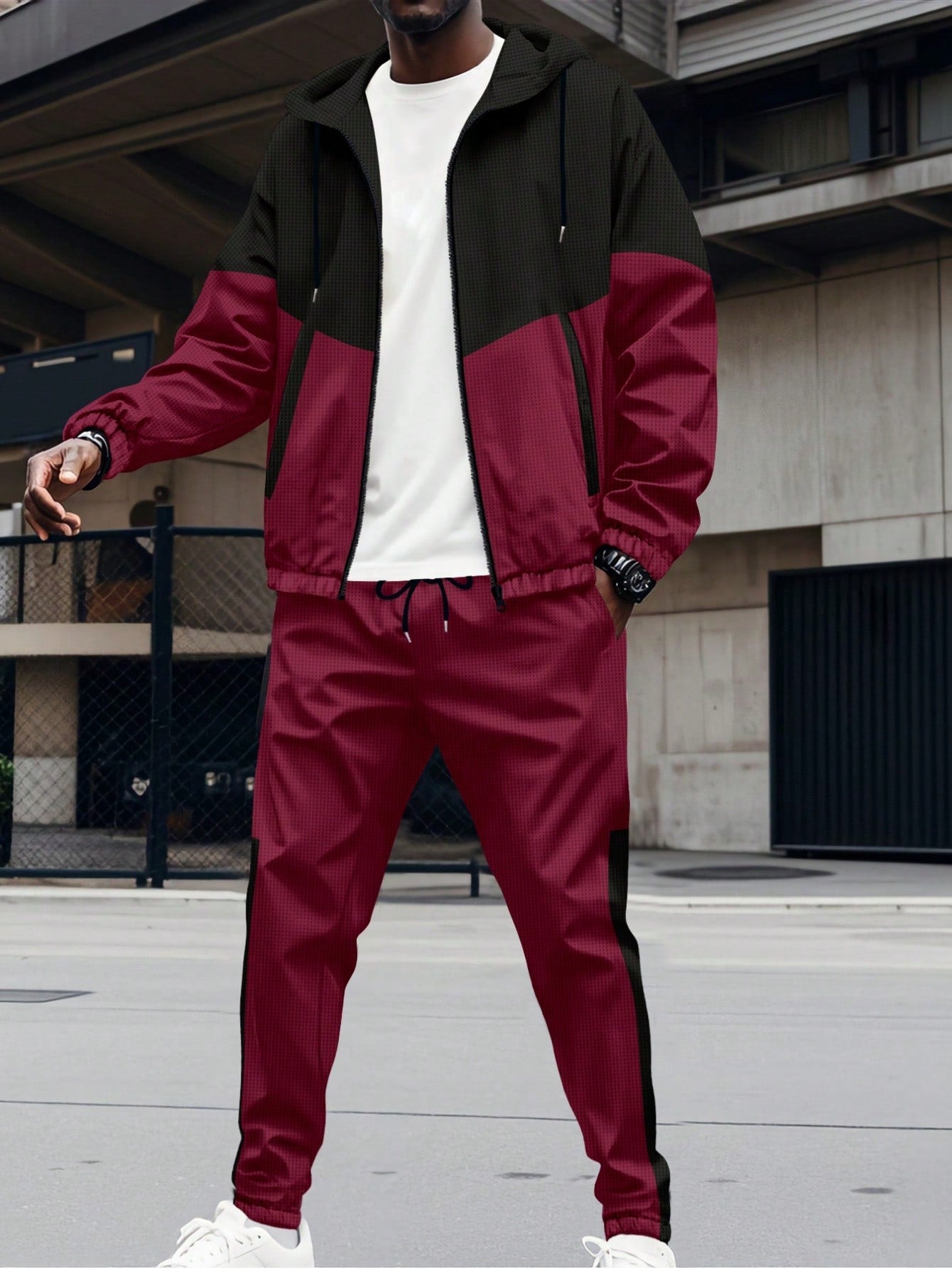 Ensemble veste décontractée pour homme, veste à capuche zippée en patchwork gaufré + pantalon long de sport 2 pièces