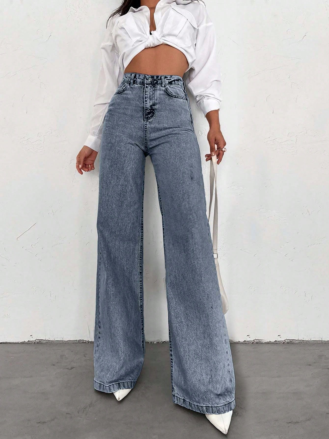 SHEIN Tall Jean grande taille à jambe large et ourlet long, 100% coton
