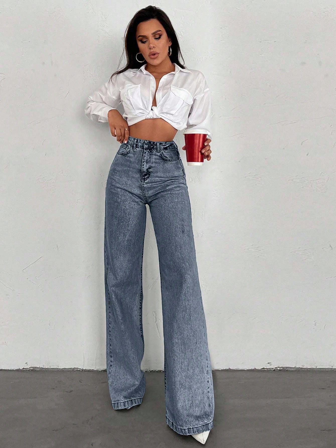 SHEIN Tall Jean grande taille à jambe large et ourlet long, 100% coton