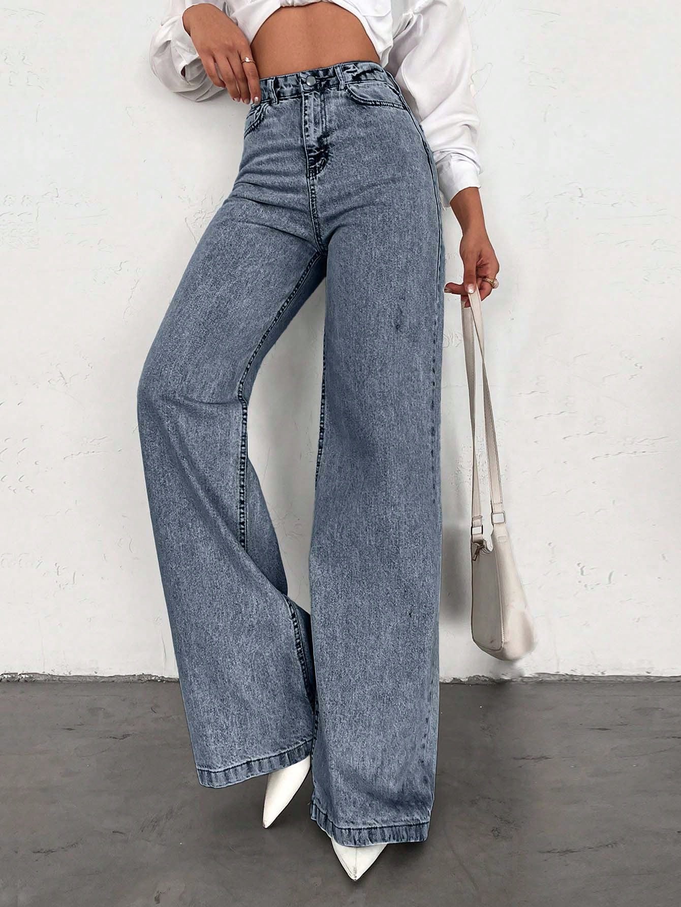 SHEIN Tall Jean grande taille à jambe large et ourlet long, 100% coton